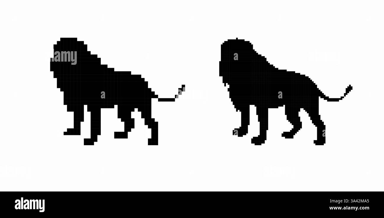 Silhouetten von zwei Löwen, die in entgegengesetzte Richtungen zeigen, mit detaillierten Mähne- und Schwanzdetails Stock Vektor