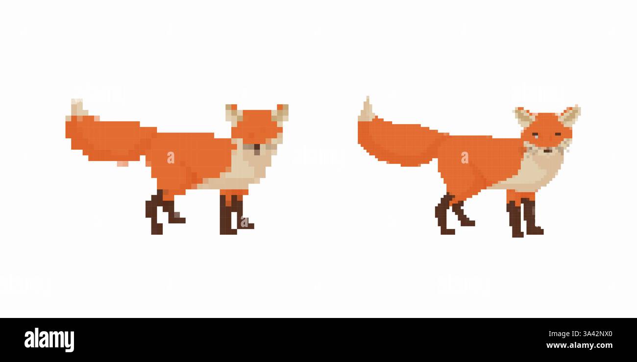 Retro-Pixel-Art-Füchse mit orangefarbenem Pelz und buschigen Schwänzen in stehenden Posen Stock Vektor