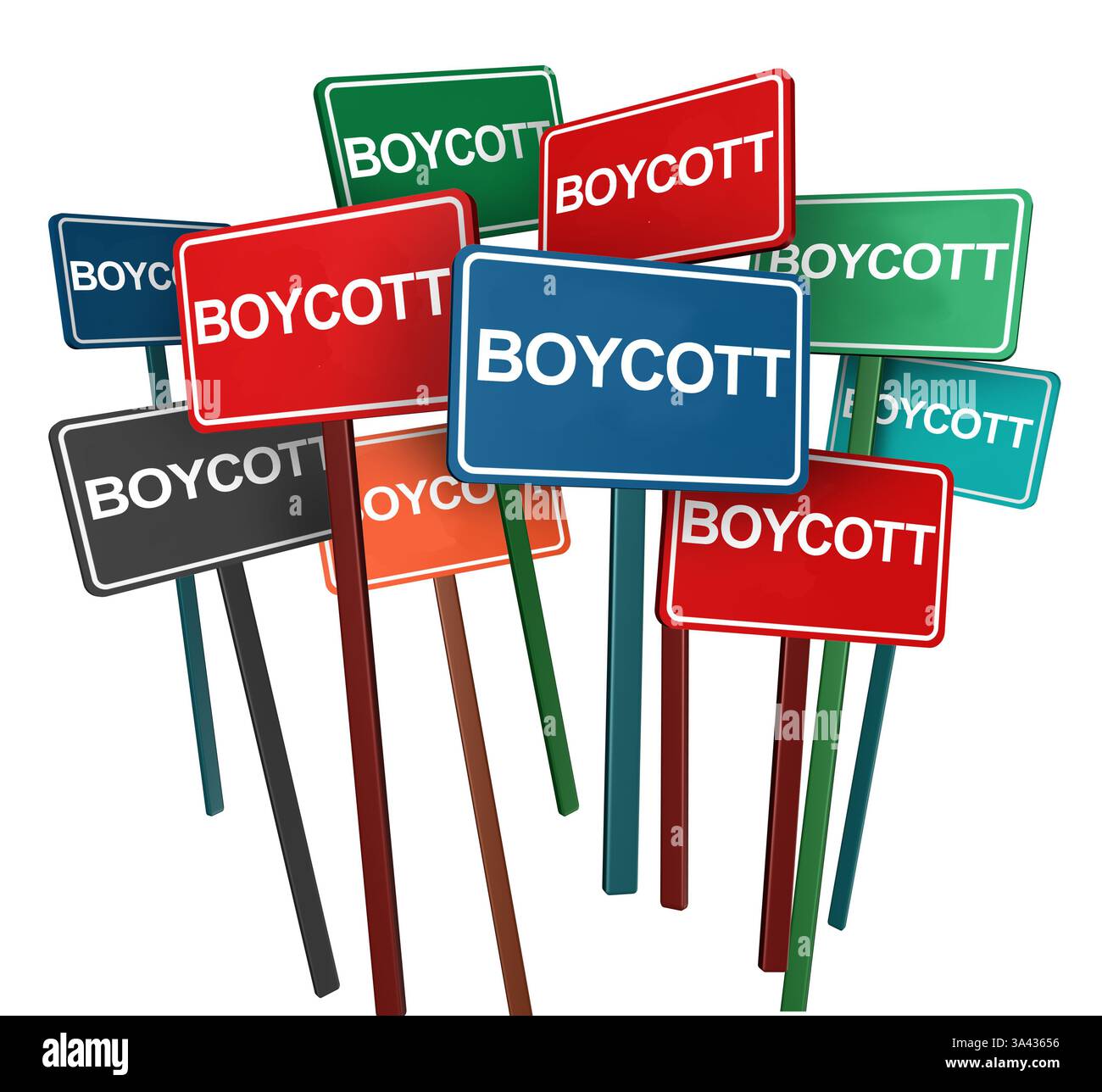 Boykott Protest und Boykott gegen ein Unternehmen oder eine Organisation als Protest-Symbol gegen Zeichen, die Politik und politische soziale Beziehungen repräsentieren Stockfoto