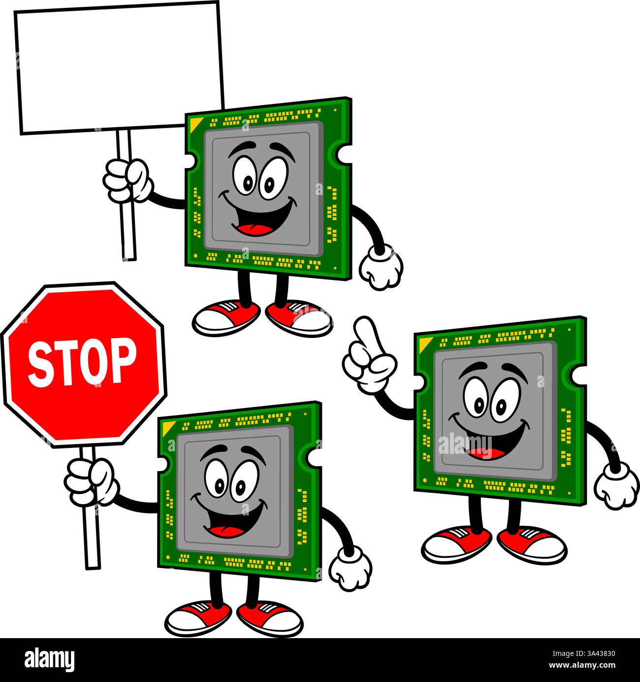 Computerchip-Zeichensatz, handgezeichnete Illustrationen, isoliert auf transparentem Hintergrund Stock Vektor