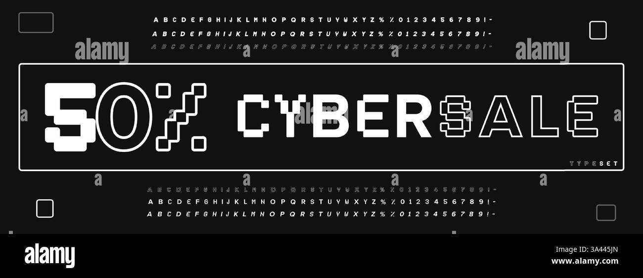 Werbetypografie futuristisches Digitalalphabet. Moderne geometrische Schriftart für Cyber-Verkauf, HUD, EDM, Tech-Logo, Gaming-Headline, Online-Shopping-Banner Stock Vektor
