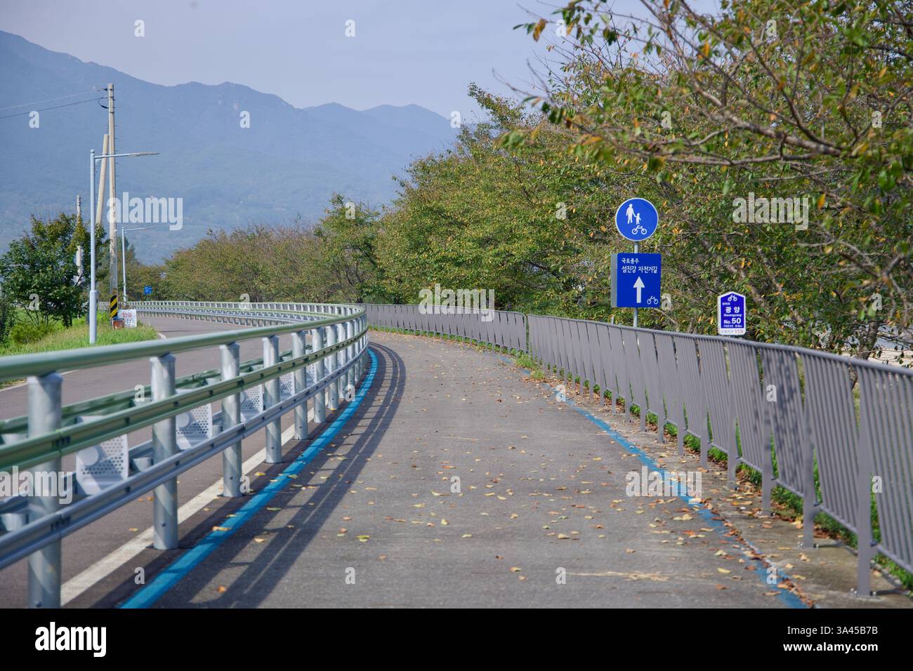 Gwangyang City, Südkorea - 3. Oktober 2021: Ein malerischer Blick auf den Seomjingang Radweg mit gefallenen Herbstblättern, die über den Bürgersteig verstreut sind Stockfoto