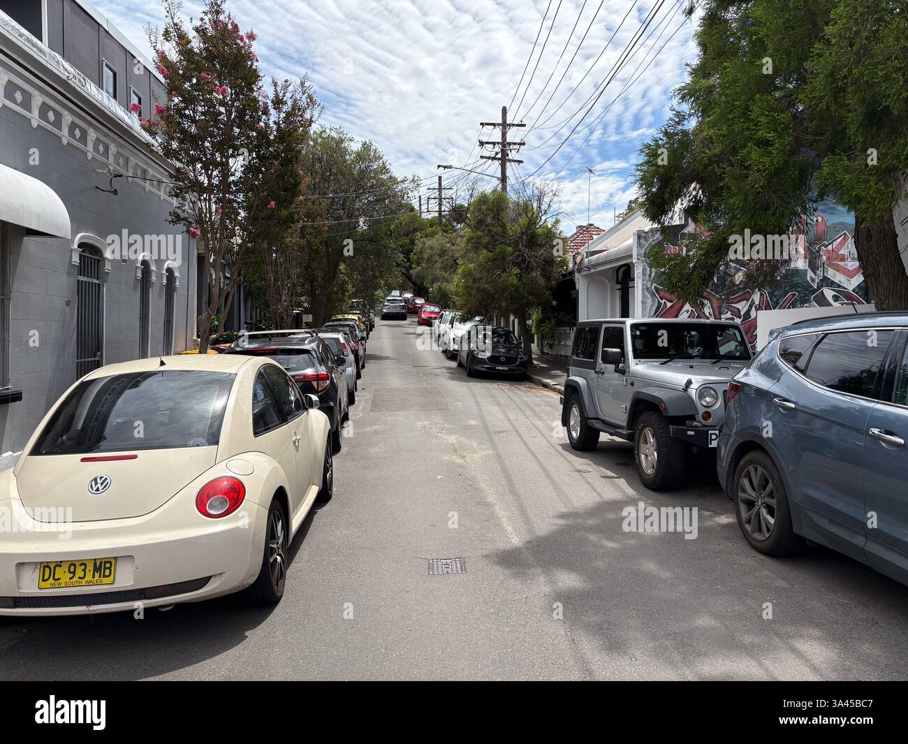 Eine Wohnstraße in Sydney, Australien, gesäumt von geparkten Autos und Bäumen unter einem teilweise bewölkten Himmel, die das städtische Leben veranschaulichen. Stockfoto