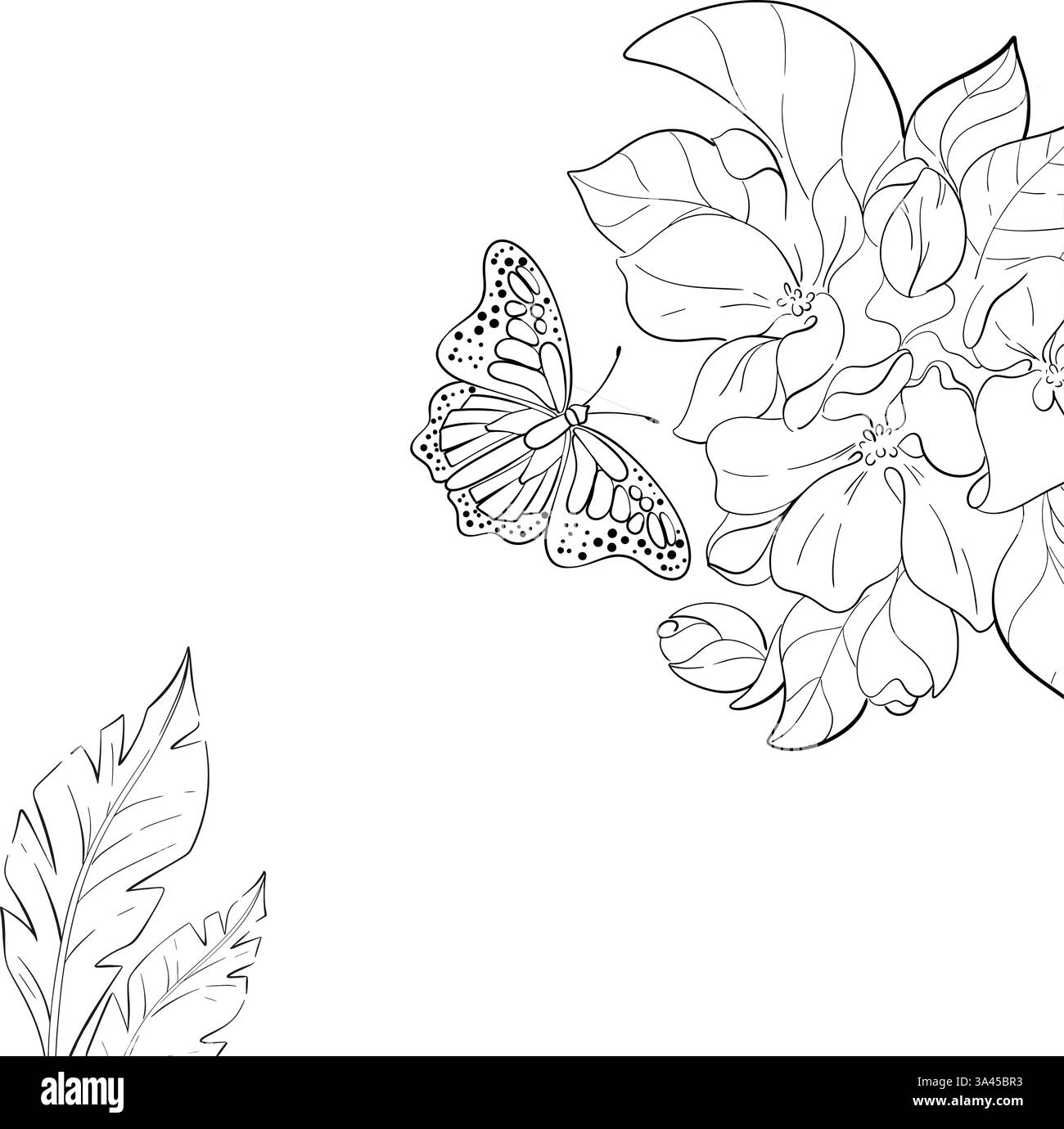 Vektor-Arrangement, Vorlagenstrauß mit Schmetterling, japanische Kirschblüte, Sakura-Kunst. Apfelbaumstrauß. Schwarze Silhouette für Schaltkreis Stock Vektor