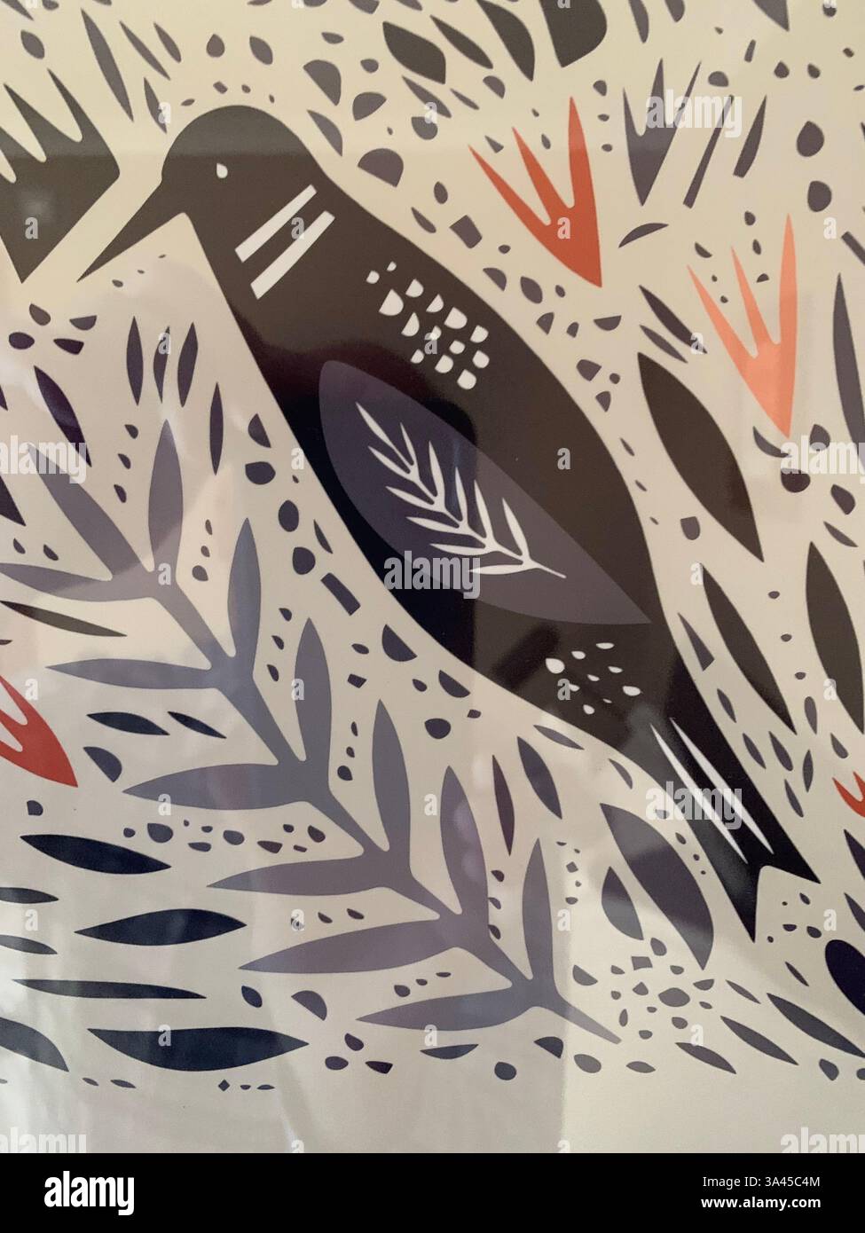 Vogelschild Schnabelbild schwarzes Bild farbig helle Gesicht Augen Design Wandkunst künstlerische Blätter Linien Schwanz groß klein Mittel - Smartphone-aufgenommenes Stockfoto