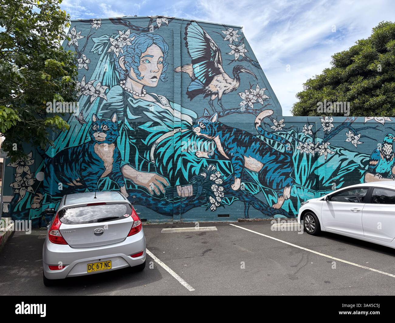 Wandgemälde an einer großen Wand mit Katzen, Vögeln, einer Frau und Blumen, davor geparkte Autos. Stockfoto