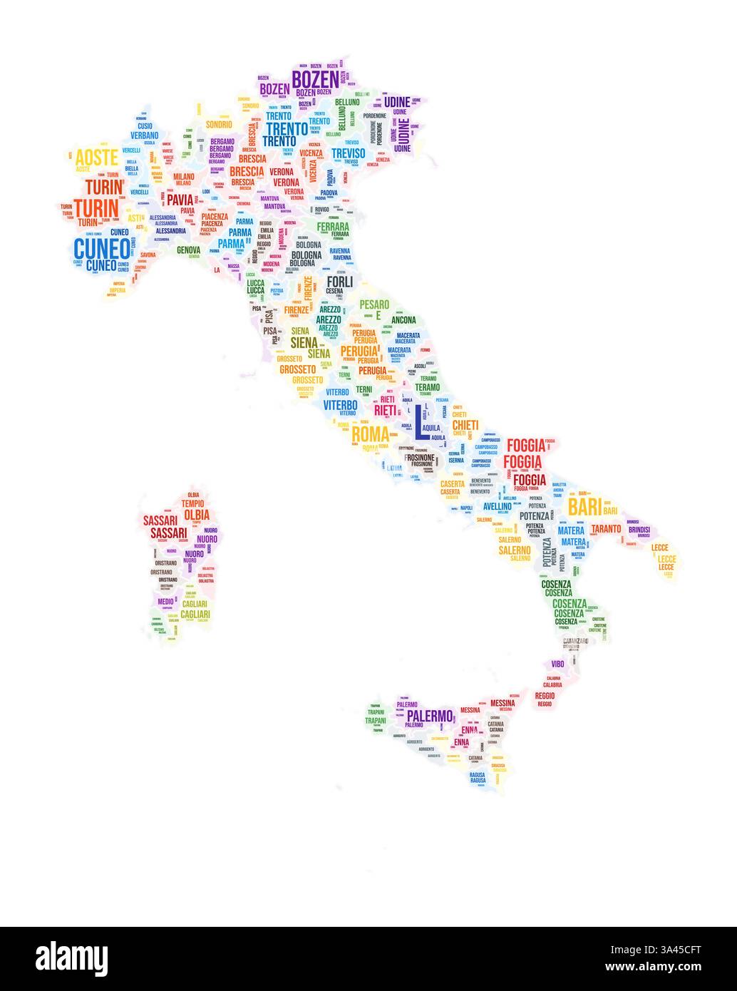 Wortwolke für die Region Italien. Ländliches Design. Farbige Abbildung in Italien. Bereichsnamen Collage Cloud. Vektorabbildung. Stock Vektor