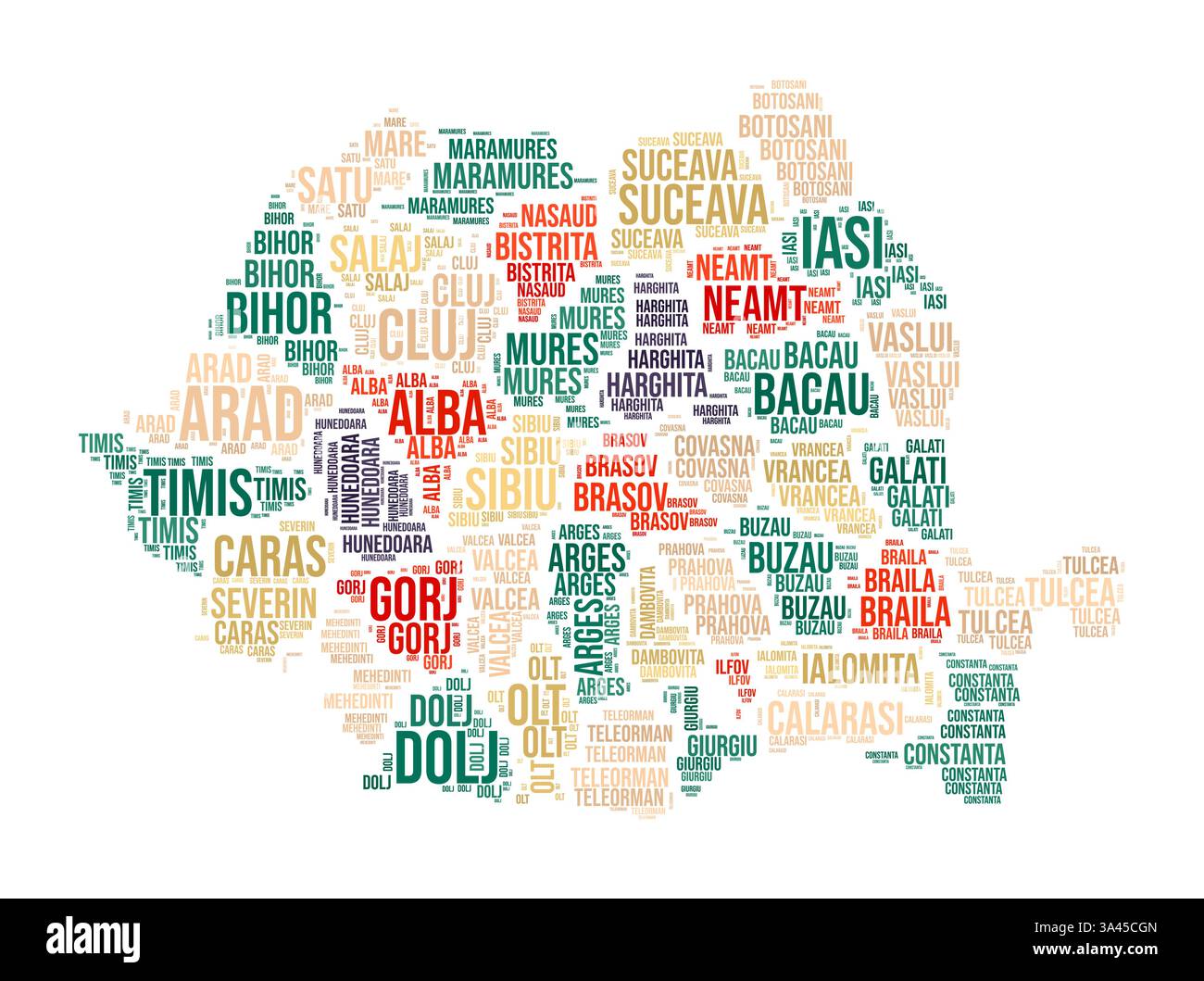 Rumänien Word Cloud. Länderform mit Gebietseinteilung. Bild im Typografie-Stil Rumäniens. Bereichsnamen kennzeichnen Wolken. Vektorabbildung. Stock Vektor