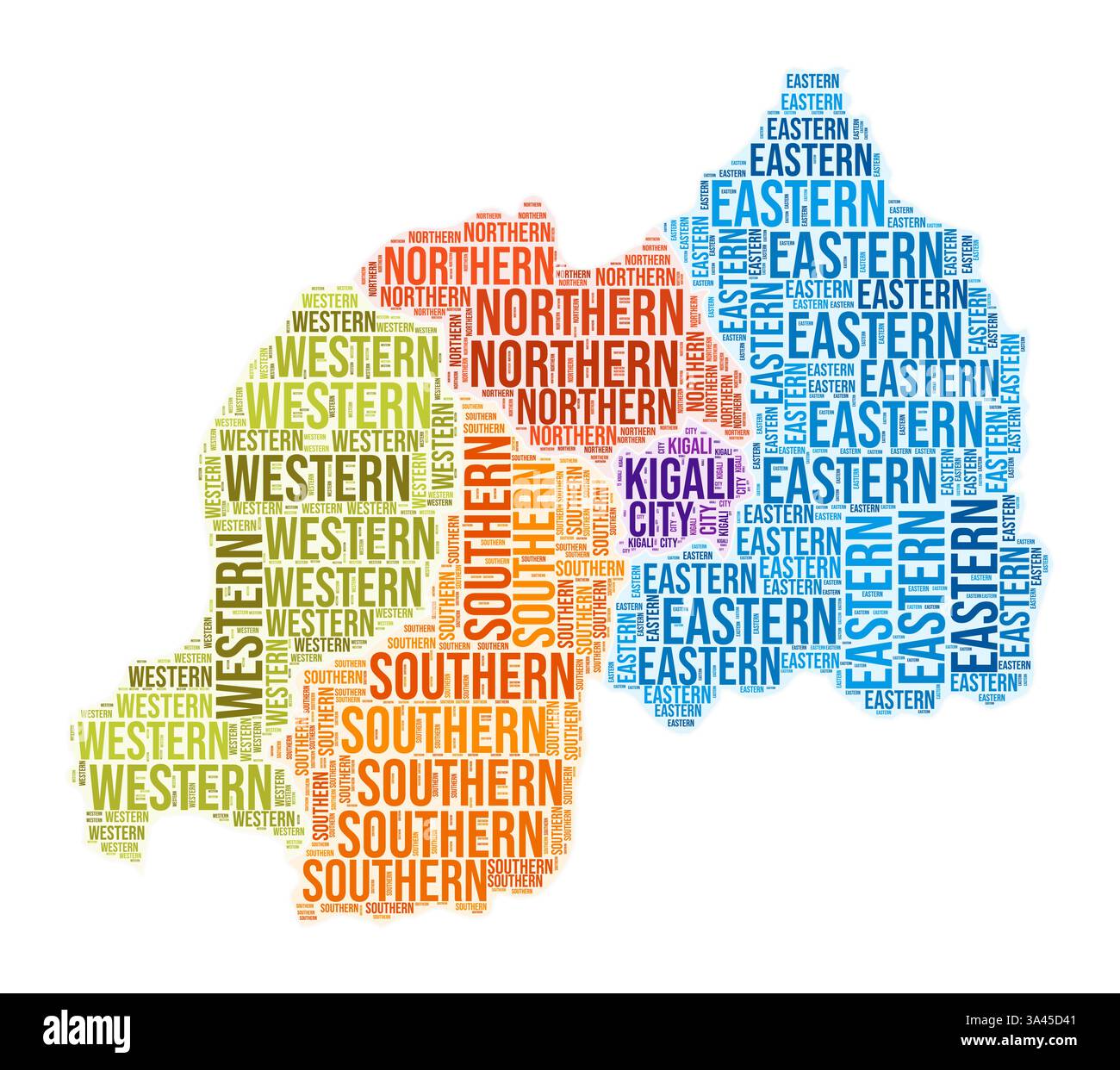 Wortwolke der Region Ruanda. Ländliches Design. Ruandische farbige Illustration. Bereichsnamen Collage Cloud. Vektorabbildung. Stock Vektor
