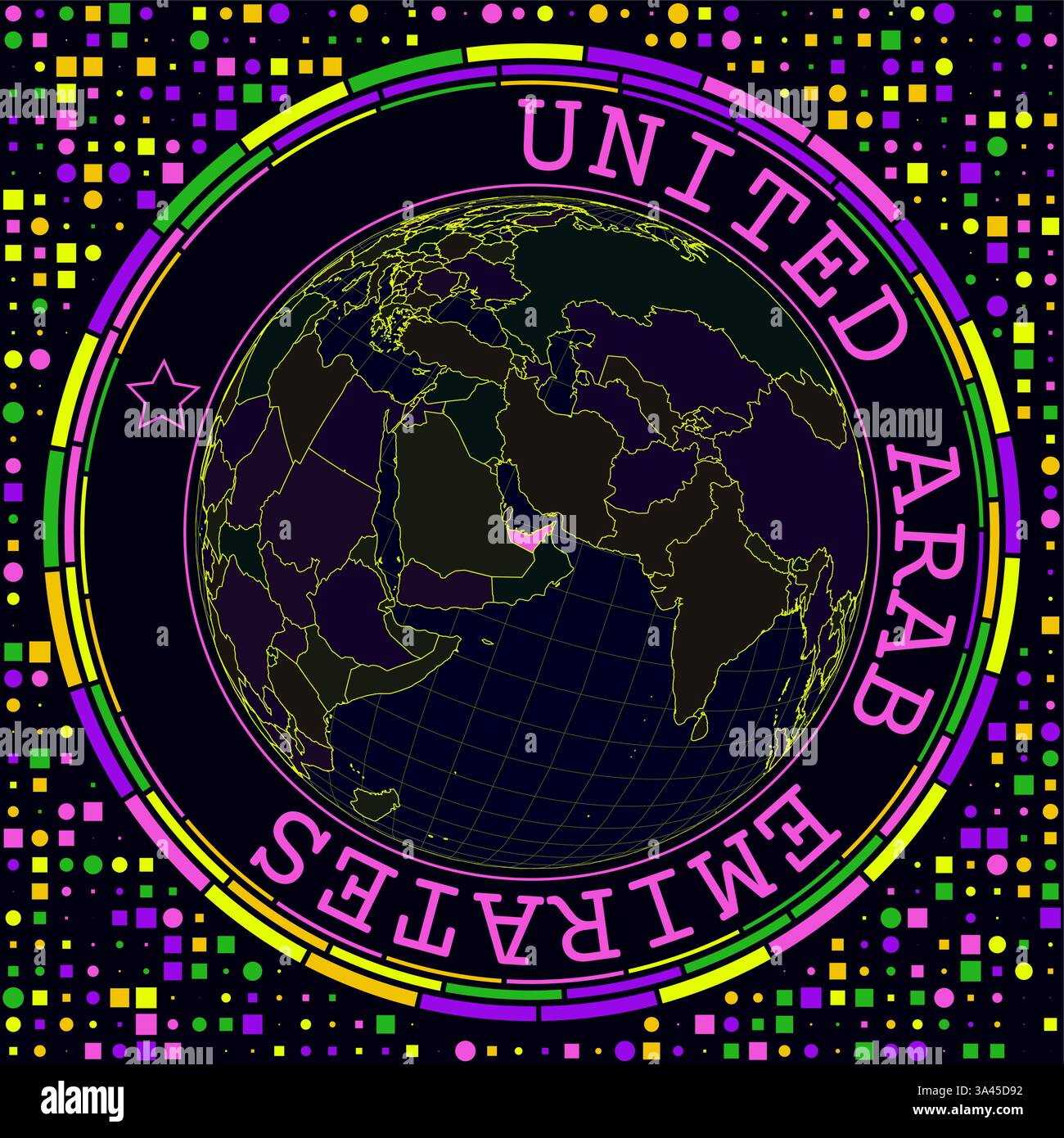 Futuristische VAE auf dem Globus. Helles Neon-Satellitenbild der Welt mit Fokus auf die VAE. Stock Vektor