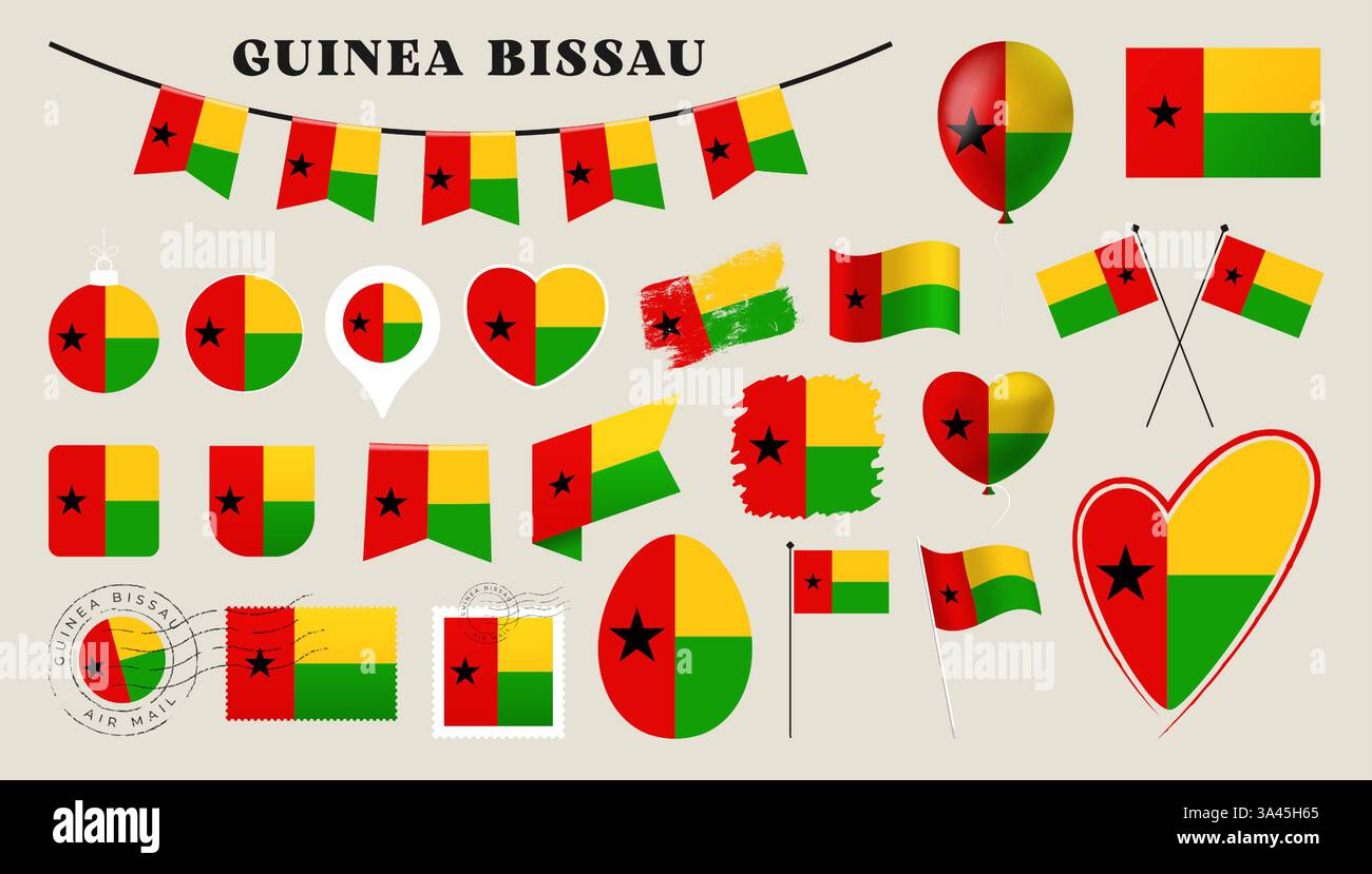 guinea-bissau-Flagge gesetzt. Verschiedene nationale Flaggenkollektion mit verschiedenen Formen wie Herz, Schild, osterei, Lage, Kreis, Postmark, Grunge, squ Stock Vektor