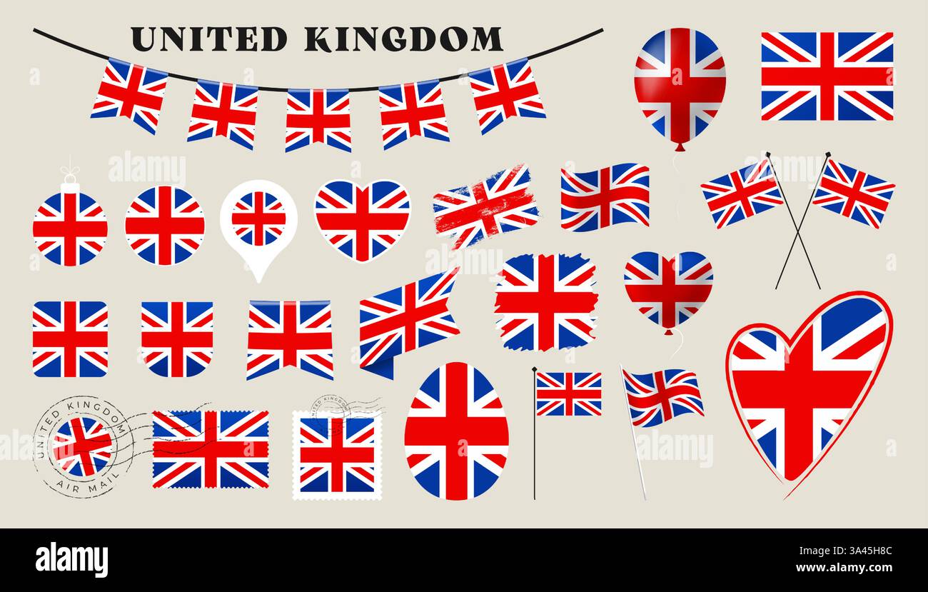 Flagge für vereinigtes Königreich gesetzt. Verschiedene nationale Flaggenkollektion mit verschiedenen Formen wie Herz, Schild, osterei, Lage, Kreis, Stempel, Grunge, Quadrat Stock Vektor