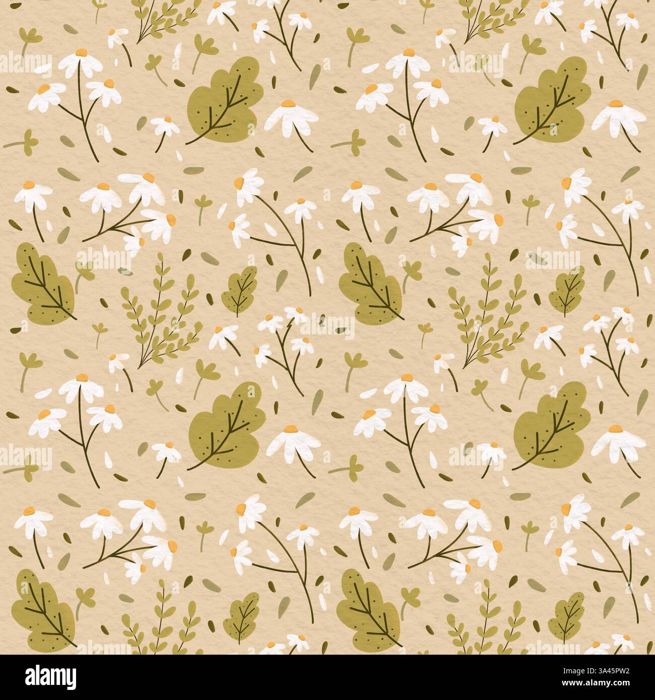 Nahtloses Blumenmuster mit handgezeichneten Kamillenblüten und Blättern auf einem strukturierten beigen Hintergrund. Elegante botanische Illustration für Textilien Stockfoto