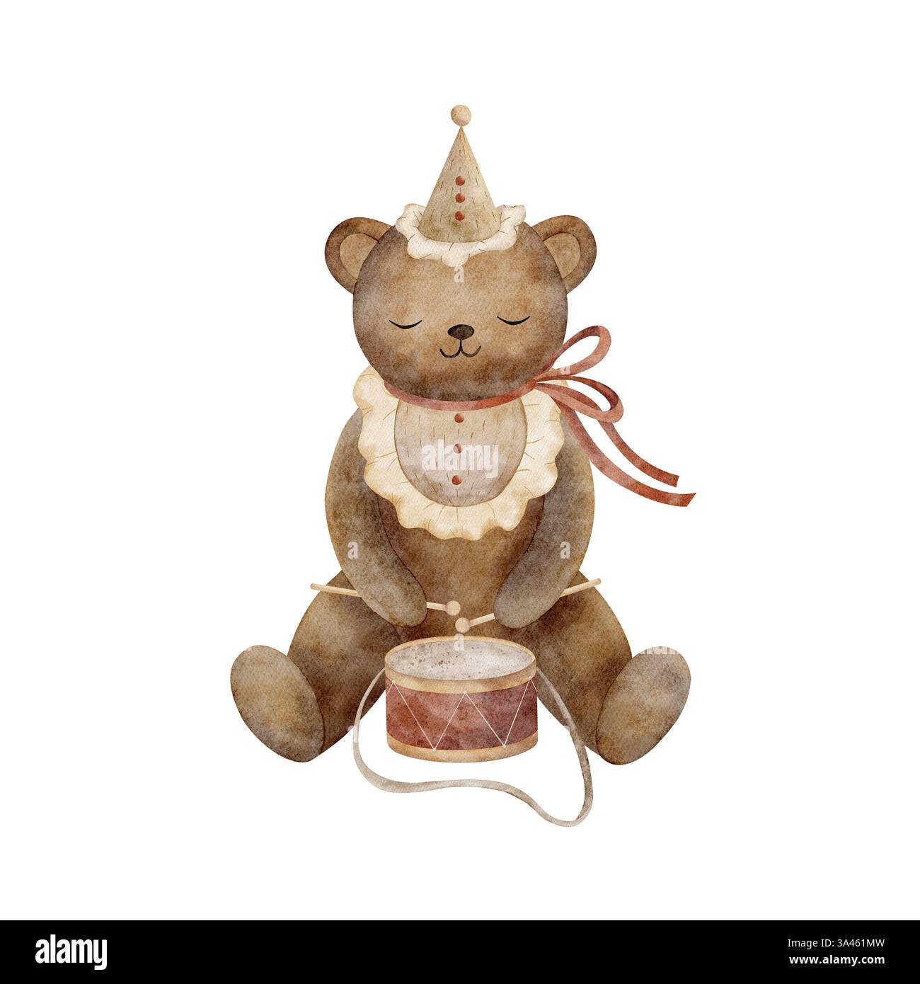 Niedlicher Teddybär in Aquarellfarben, der Trommeln in einer festlichen Vintage-Mütze spielt. Handgezeichnete Kinderillustration im Retro-Stil auf isoliertem Hintergrund für Design Stockfoto