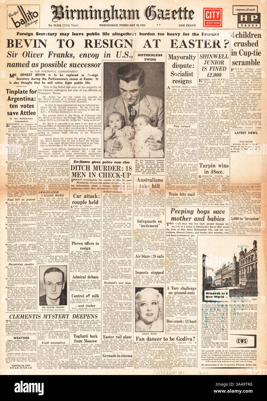 1951 Birmingham Gazette berichtet, dass Ernest Bevin zurücktritt Stockfoto