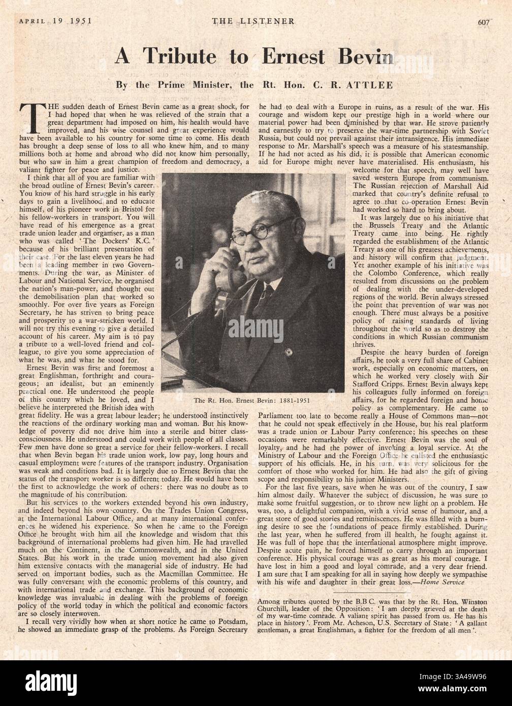 1951 The Listener Tribute an Ernest Bevin Stockfoto