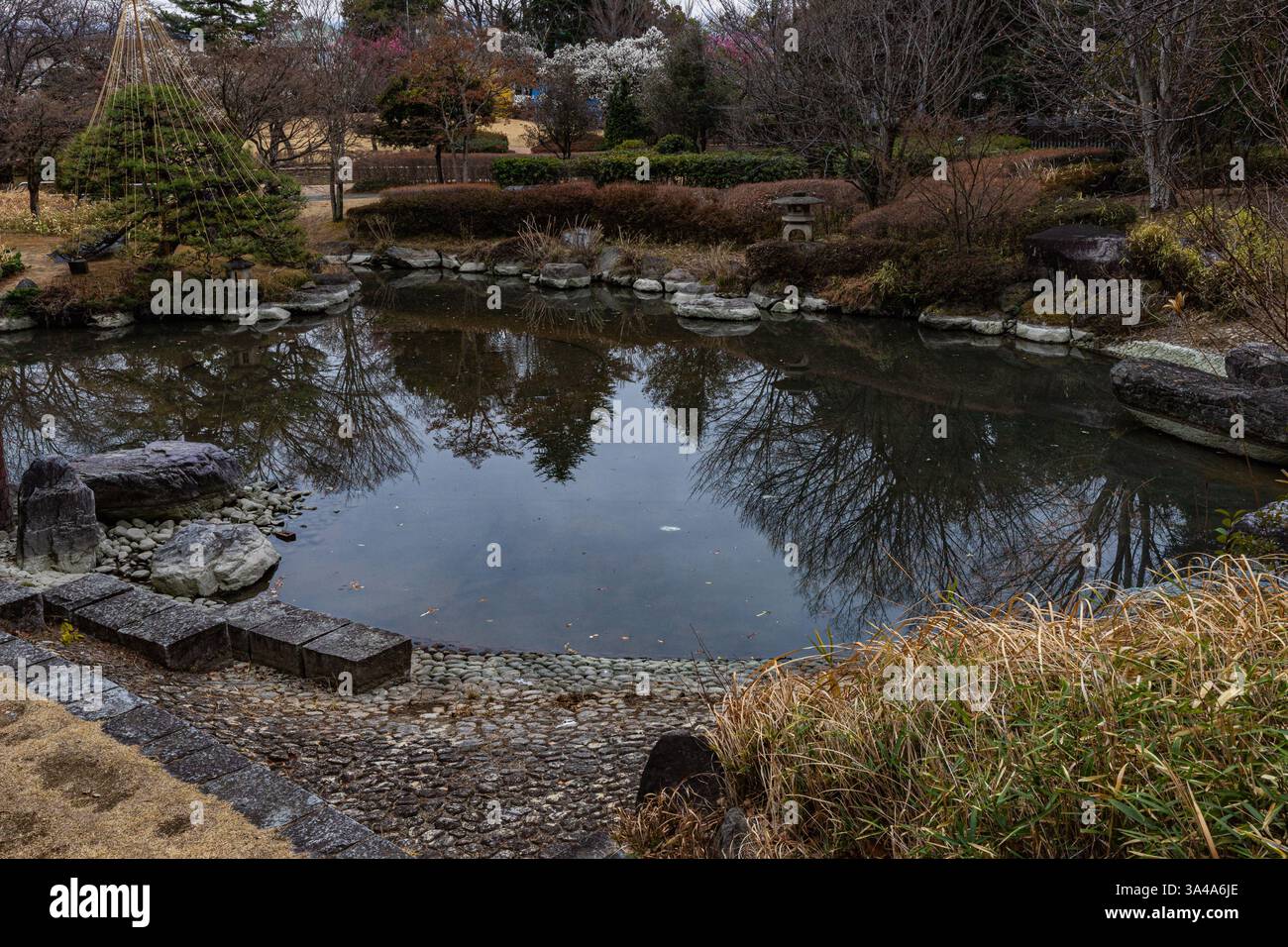 Der Geijutsunomori Park Art Forest beherbergt Kunst- und kulturorientierte Museen in malerischen Gärten mit Skulpturen, die vom Fuji umgeben sind. Stockfoto