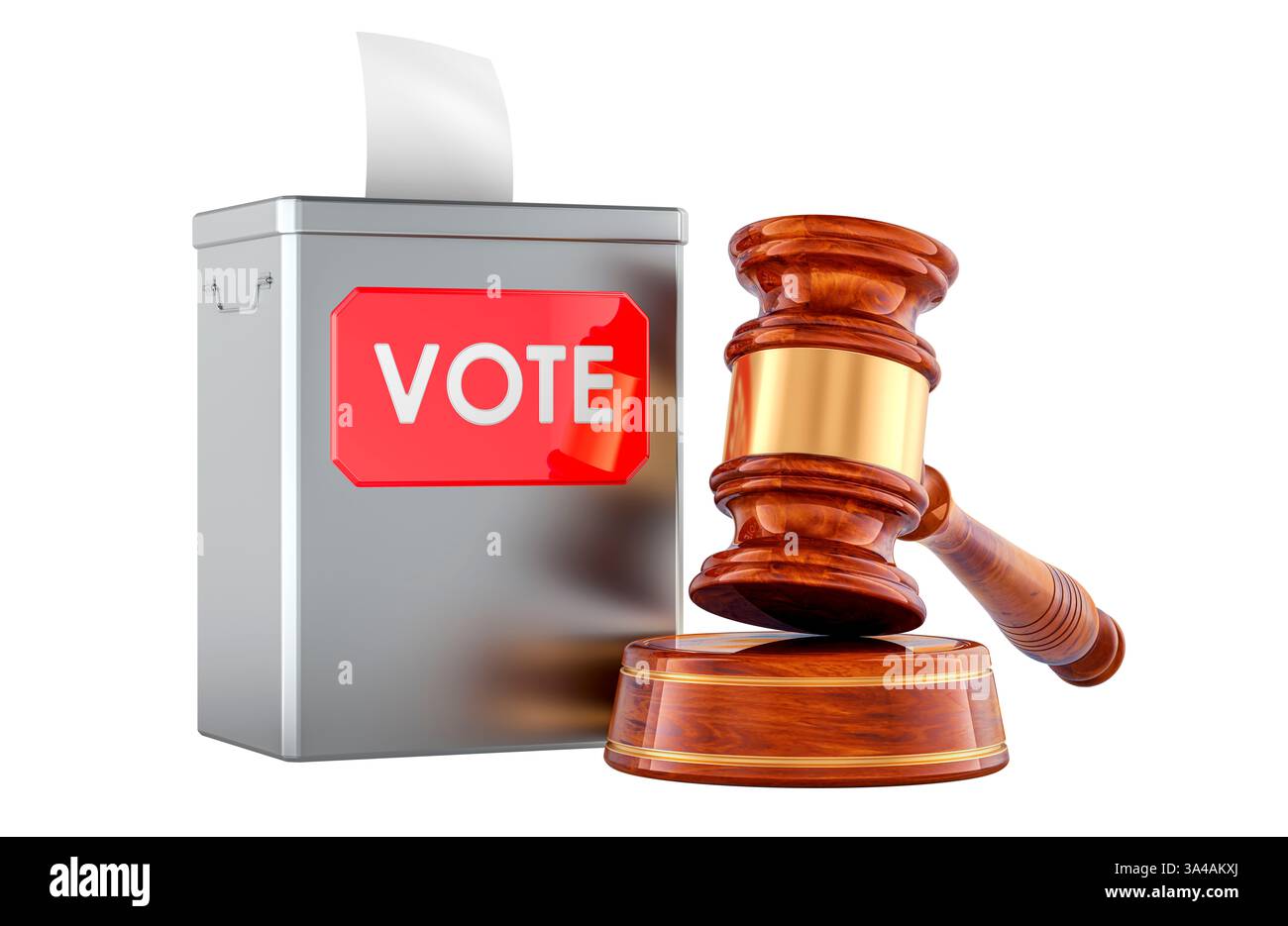 Wahlurnen mit Holzhammer. 3D-Rendering auf weißem Hintergrund isoliert Stockfoto