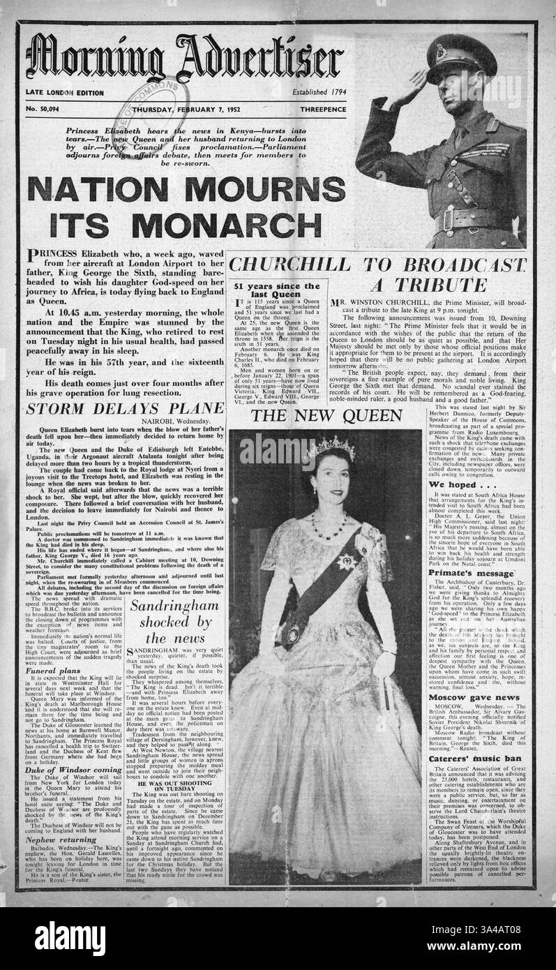 1952 Morning Advertiser Titelseite berichtet über den Tod von König Georg VI Stockfoto