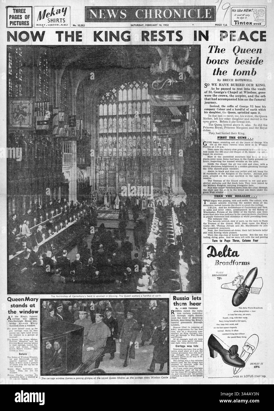 1952 News Chronicle Titelseite, die über das Verliegen von König Georg VI. Berichtet Stockfoto