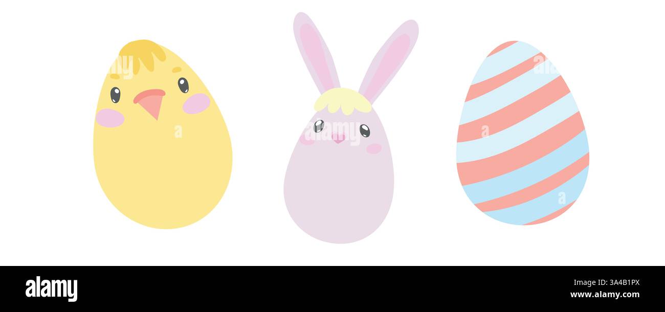 Bezaubernde Kawaii-Küken und Haseneier in Pastellfarben. Ideal für Kinder, Osterbasteln, Frühlingsgrußkarten und lustige Weihnachtsdekorationen Stock Vektor