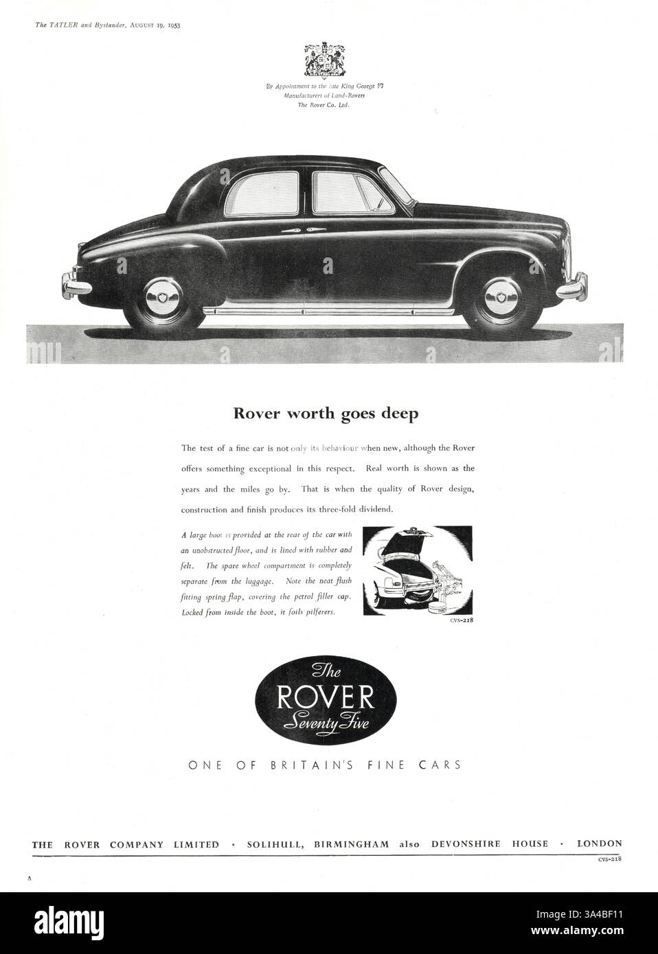 Das britische Magazin 1953 wirbt für Rover Cars Stockfoto