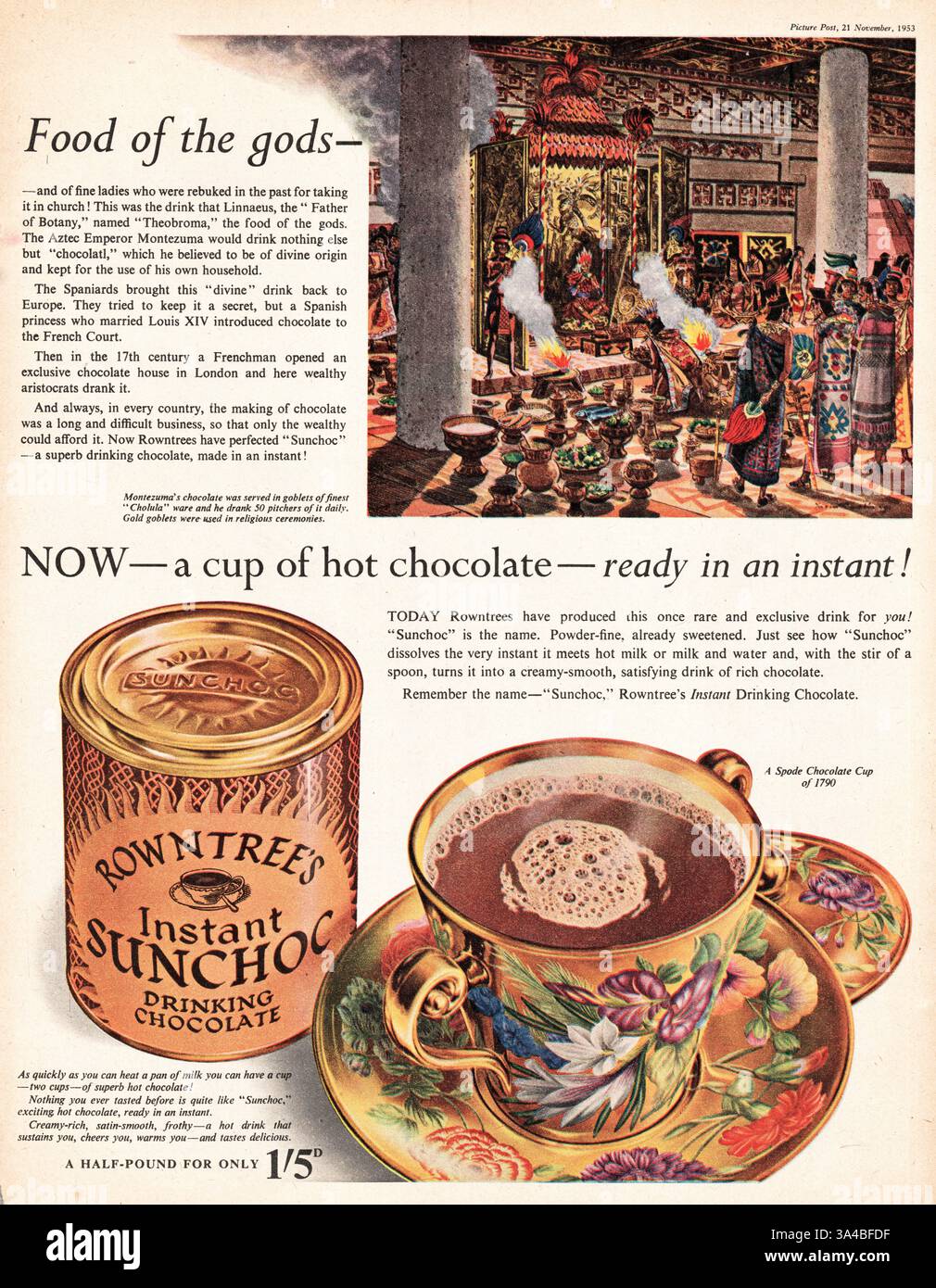 1953 Werbung im britischen Magazin Sunchoc trinkt Schokolade Stockfoto