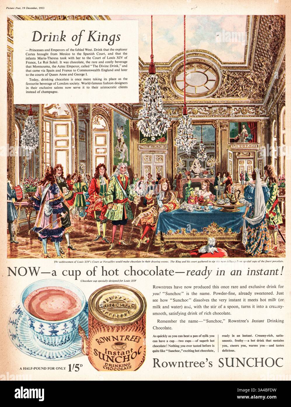 1953 Werbung im britischen Magazin Sunchoc trinkt Schokolade Stockfoto