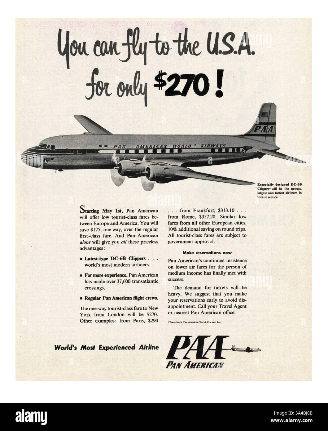 1952 US-Magazin Pan American World Airways Werbung Stockfoto