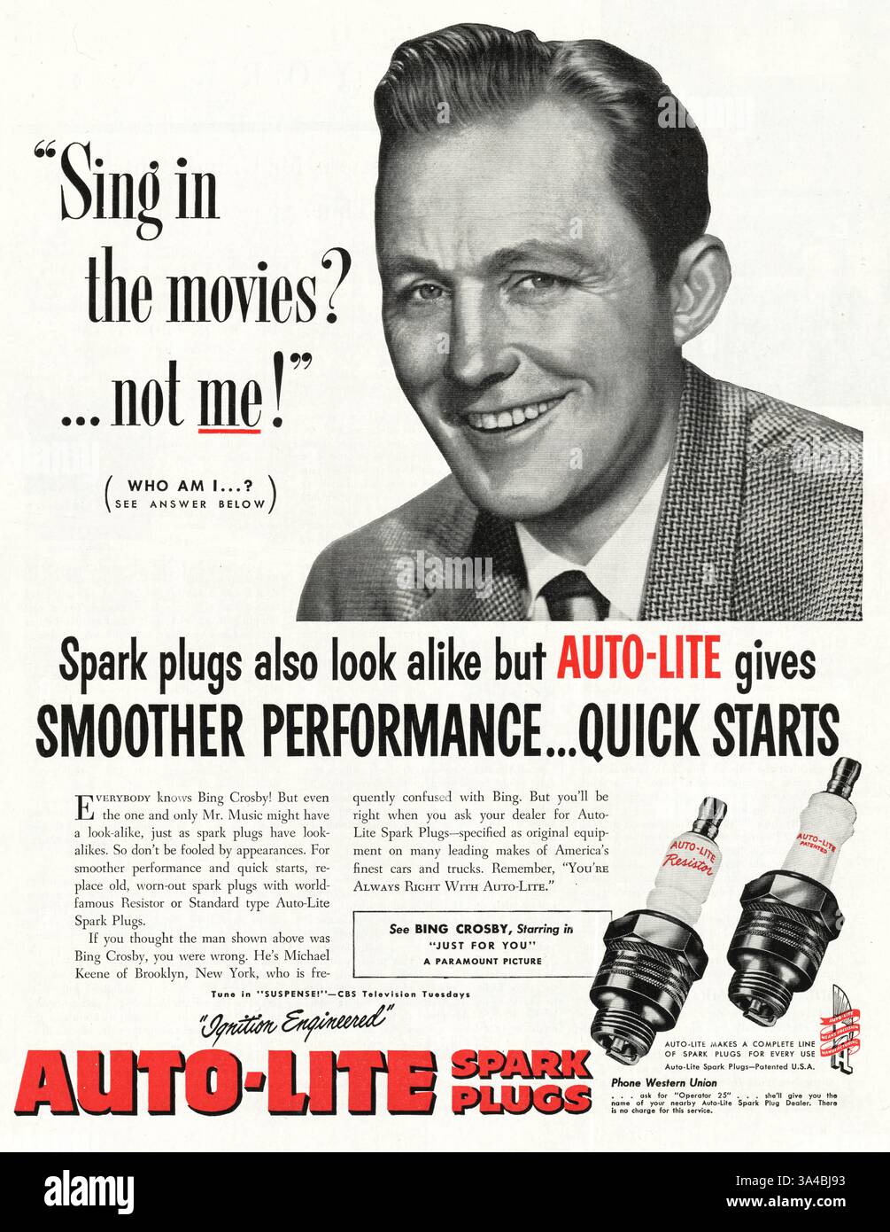 1952 US Magazine Auto-Lite Zündkerzen-Werbung Stockfoto