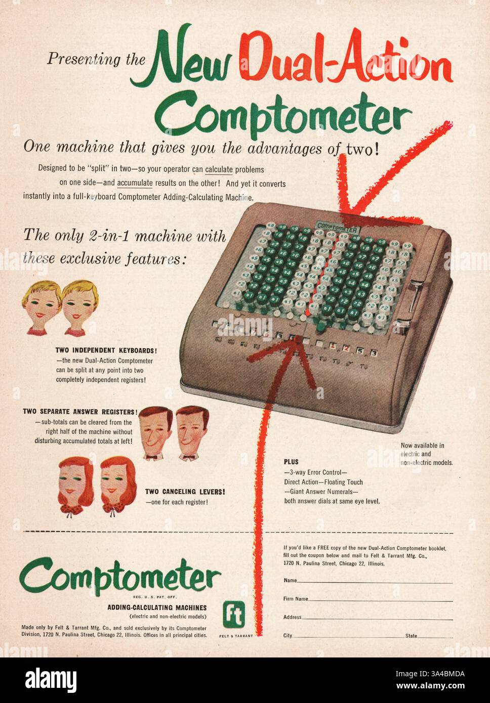 1952 Anzeige für Comptometer-Berechnungsmaschinen des US-Magazins Stockfoto