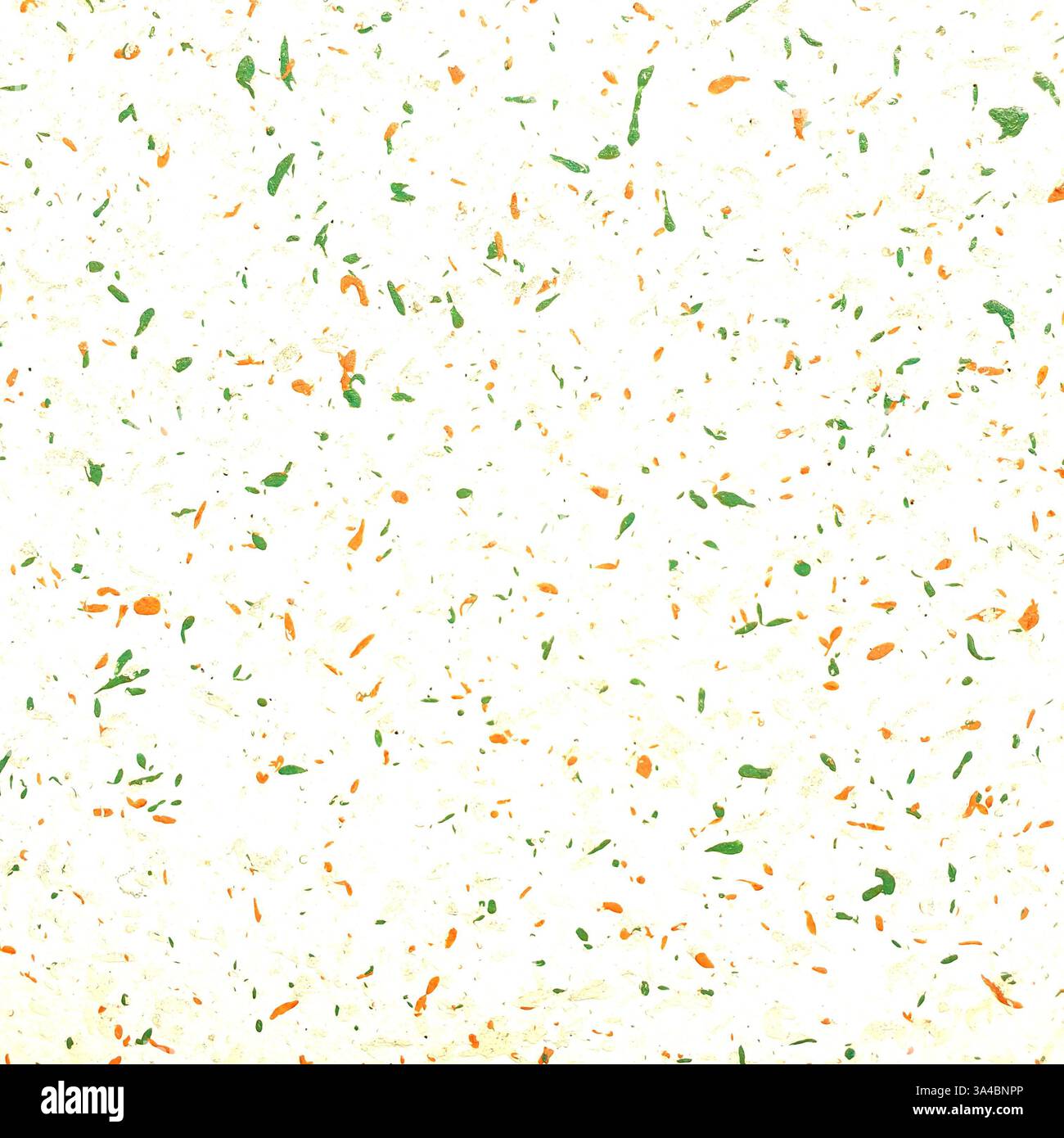 Minimalistisch strukturierter Hintergrund mit verstreuten grünen und orangen Flecken. Abstraktes Muster und weiche natürliche Farben. Lebhafte Frühlingsatmosphäre. Stockfoto