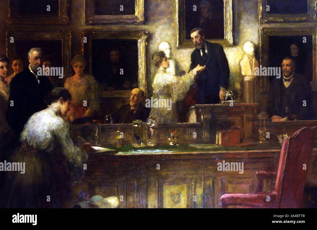 Ein Gemälde von James Sant aus dem Jahr 1906, das die erste Aufnahme von Frauen in die Linnean Society of London zeigt. Lilian Jane Gould unterschreibt das Mitgliederbuch, Lady Catherine Crisp erhält die Hand der Fellowship. An der Hinterwand steht Emma Louise Turner. Stockfoto