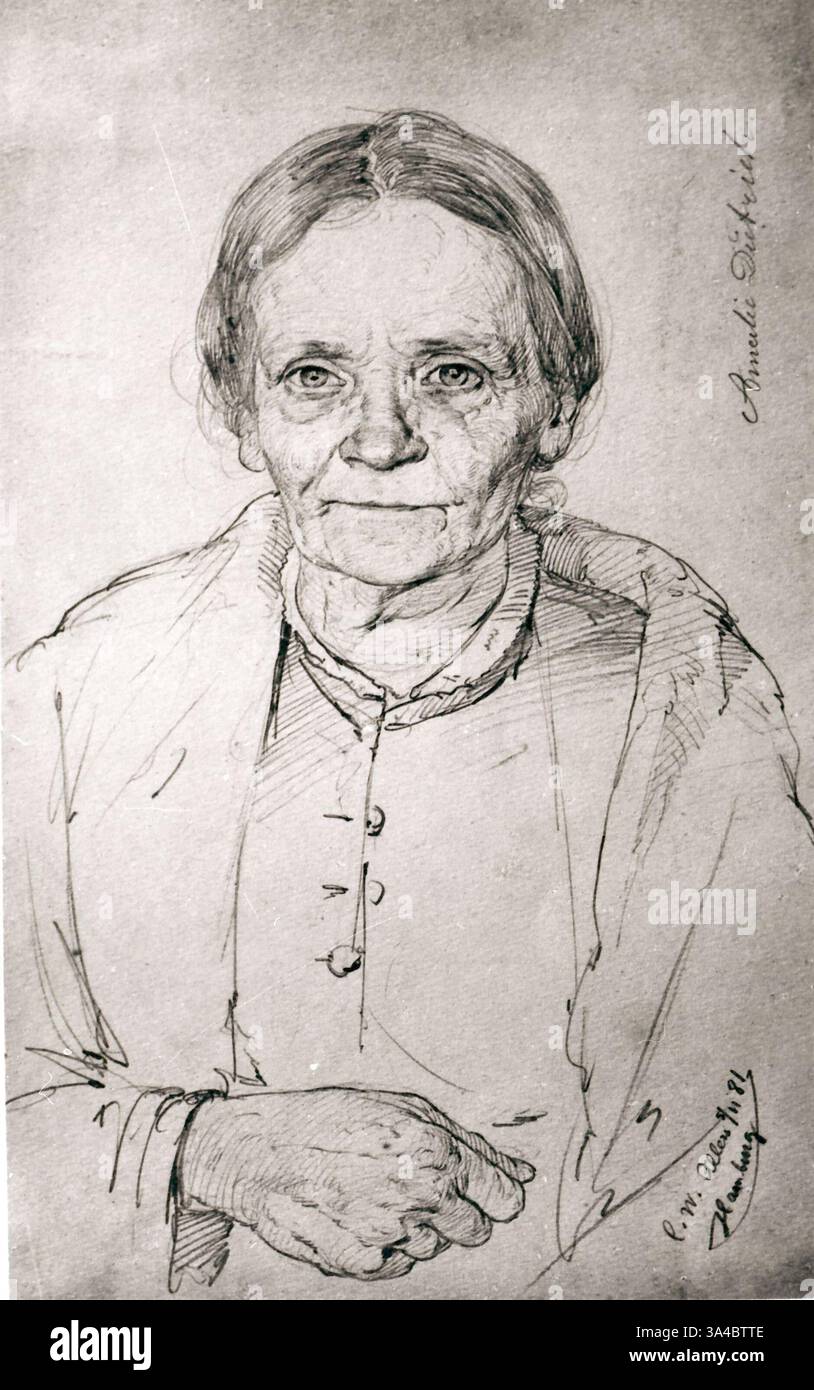 Ein Porträt von Amalie Dietrich zu ihrem 60. Geburtstag. Koncordie Amalie Dietrich (* 26. Mai 1821–9. März 1891) war eine deutsche Naturforscherin, die von 1863 bis 1872 durch ihre Arbeit in Australien bekannt war. Stockfoto