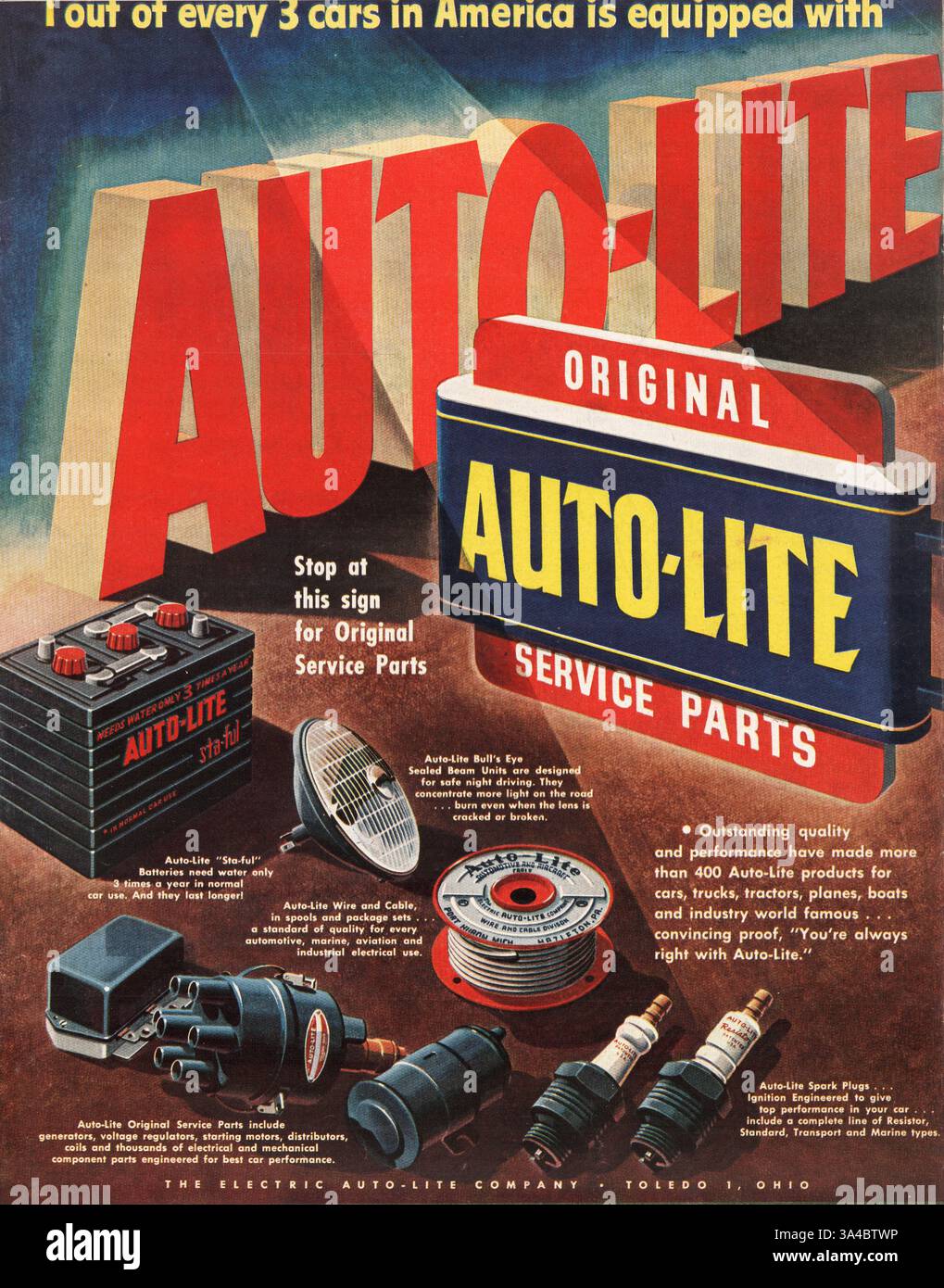 1953 US-Magazin Auto-Lite-Ersatzteilwerbung Stockfoto