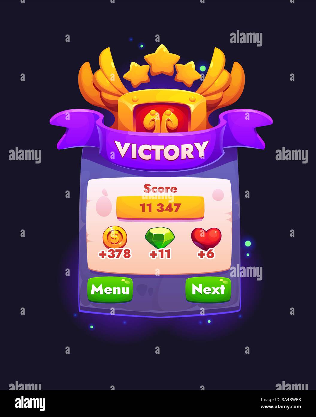 Victory Game Frame für GUI Interface Template mit Siegernoten und Menü, Vektor-Gamer UI. Spielrahmen oder Siegesbanner für Level Complete Award mit Stock Vektor