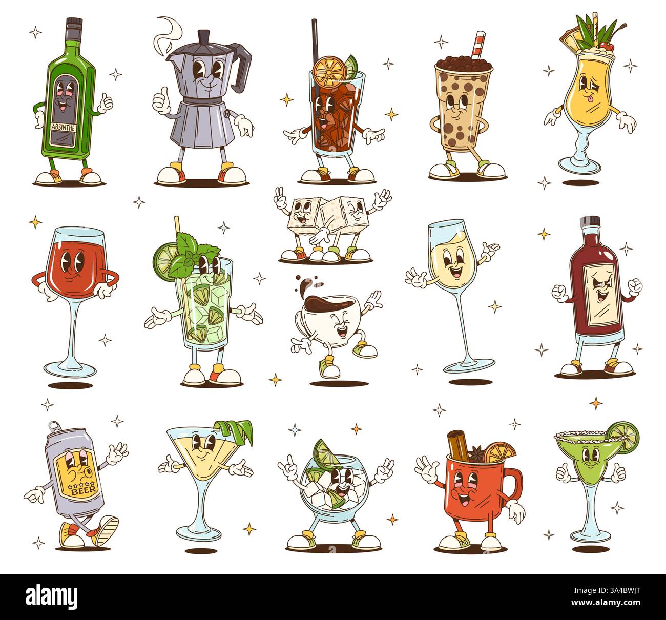 Cartoon groovige Drinks, Cocktails und heiße Getränke Charaktere. Retro-psychedelische Wein, Bier, Kaffeetasse und Mojito-Glas-Vektorfiguren. Niedlicher Groov Stock Vektor