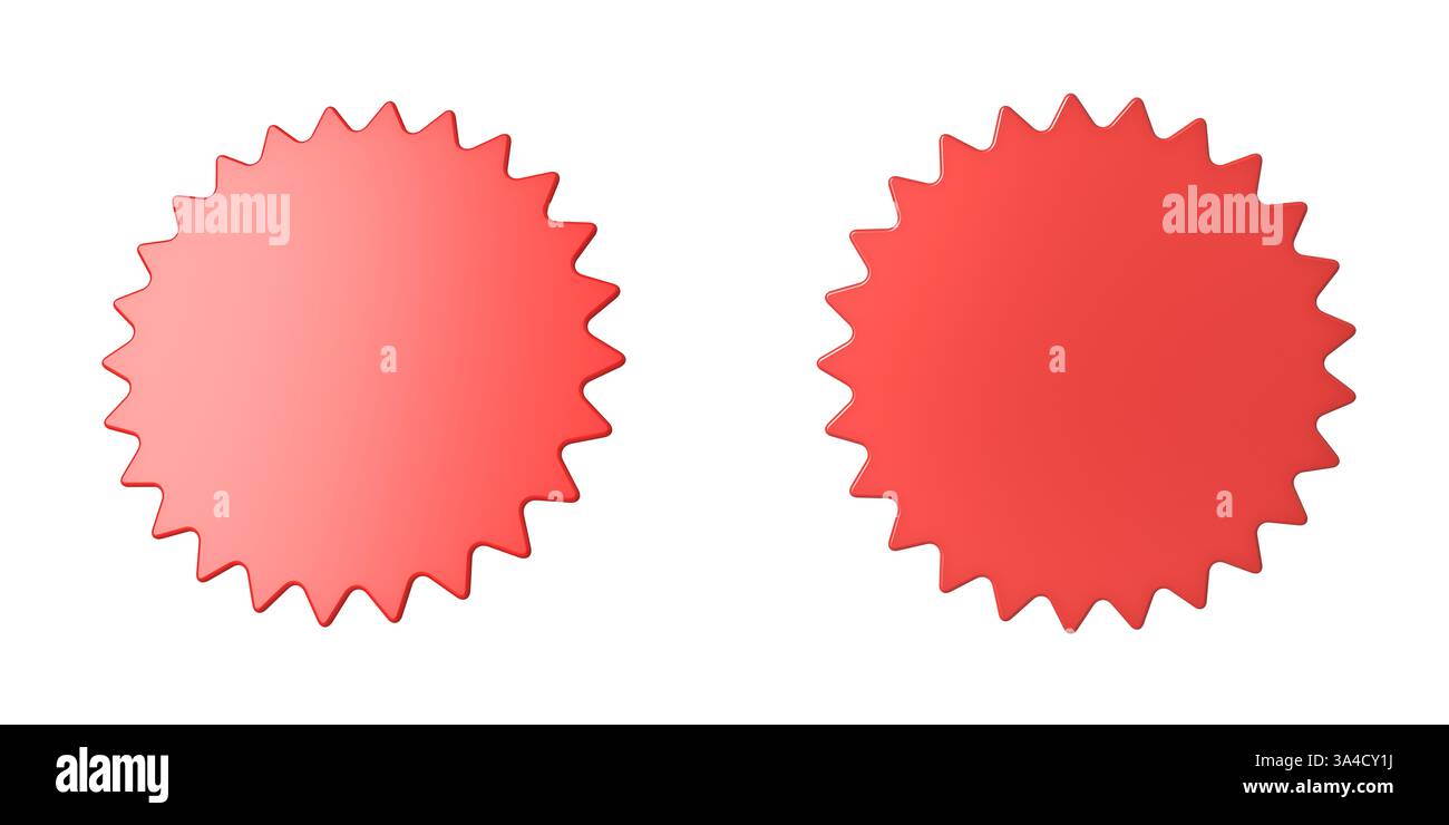 Leerer minimaler 3D-roter Sternenaufkleber Schild Banner Produktetikett isoliert auf weißem Hintergrund minimale kreative Idee konzeptionelles 3D-Rendering Stockfoto