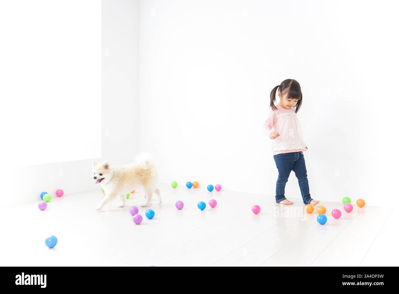 Kind spielt mit Hund Stockfoto