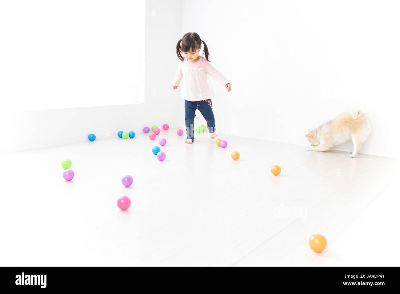 Kind spielt mit Hund Stockfoto