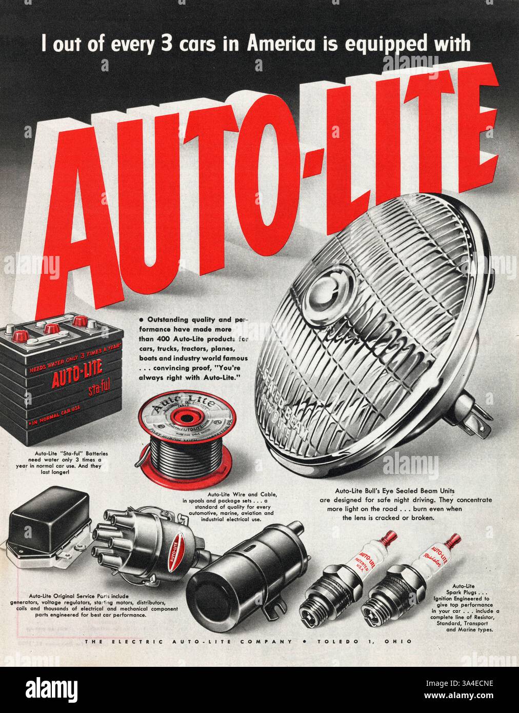 1953 US-Magazin Auto-Lite-Ersatzteilwerbung Stockfoto