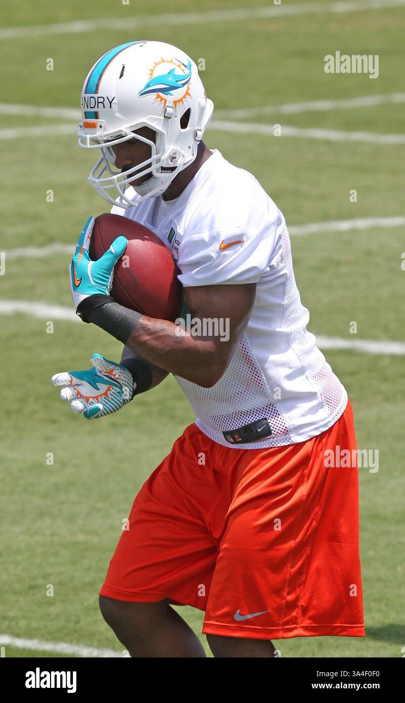 23. Mai 2014 - DAVIE, FL, USA - Miami Dolphins Rookie Wide Receiver Jarvis Landry fängt den Ball während des Trainings am ersten Tag des Rookie Minicamps an der Nova Southeastern University in DAVIE, Florida, am Freitag, den 23. Mai 2014. (Bild: © Charles Trainor Jr/MCT/ZUMAPRESS.com) Stockfoto