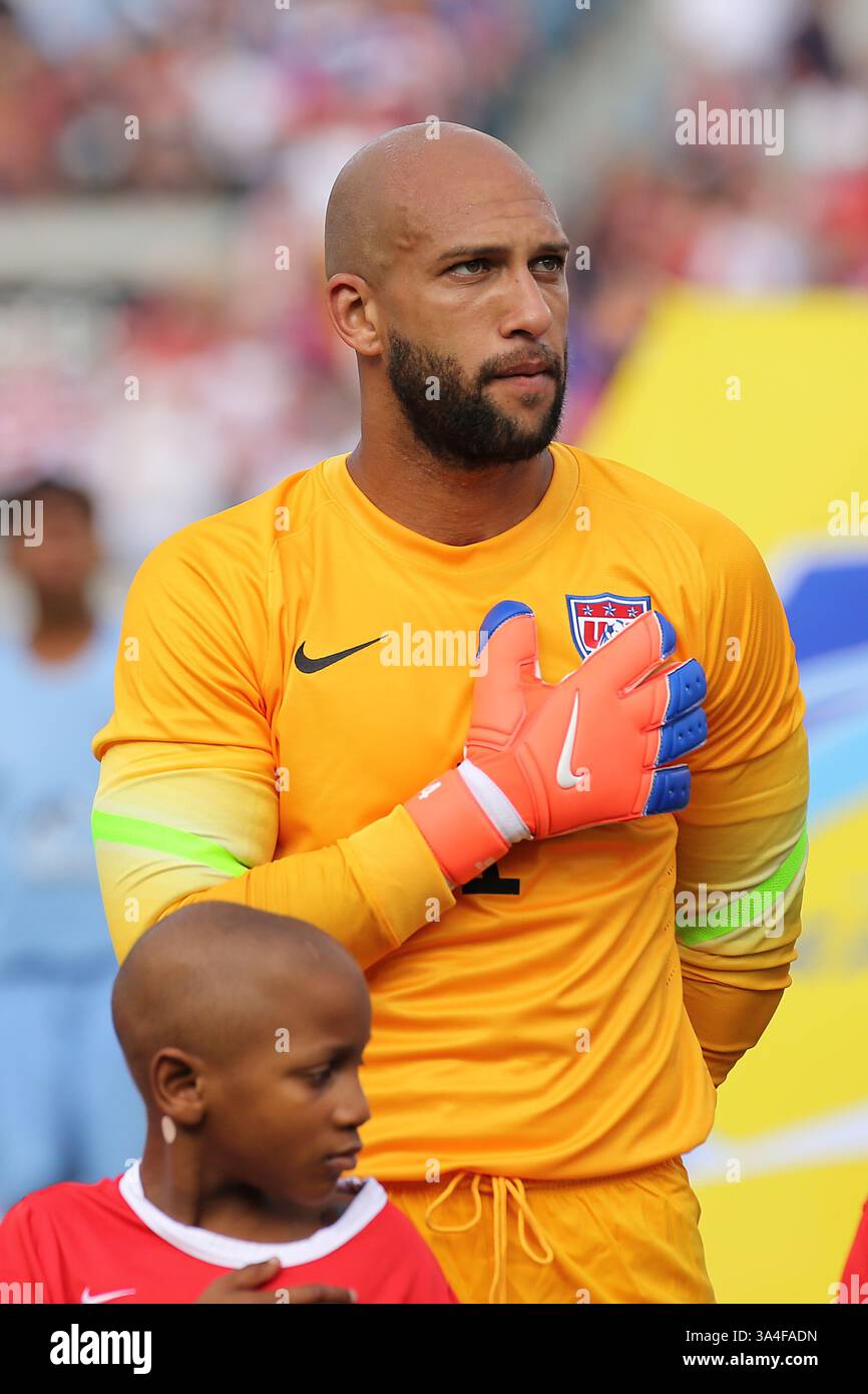 7. Juni 2014: Jacksonville, Florida, USA – Torhüter TIM HOWARD (1) vor dem Freundschaftsspiel gegen Nigeria auf dem EverBank Field in Jacksonville, Florida. Die USA gewannen das Spiel mit 2:1. (Bild: © David Roseblum/ZUMAPRESS.com) Stockfoto