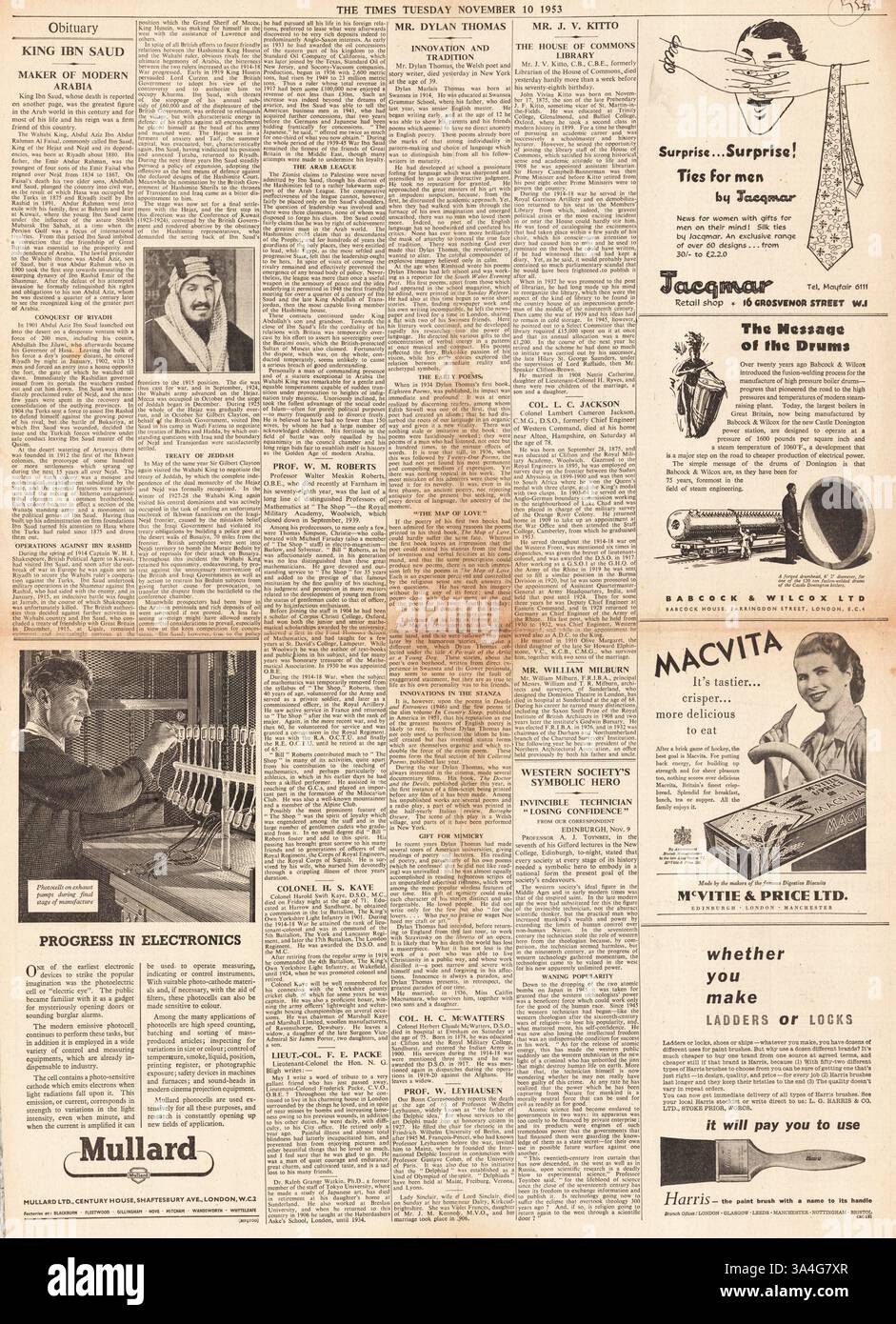 1953 die Titelseite der Times berichtet über den Tod von König Ibn Saud Stockfoto