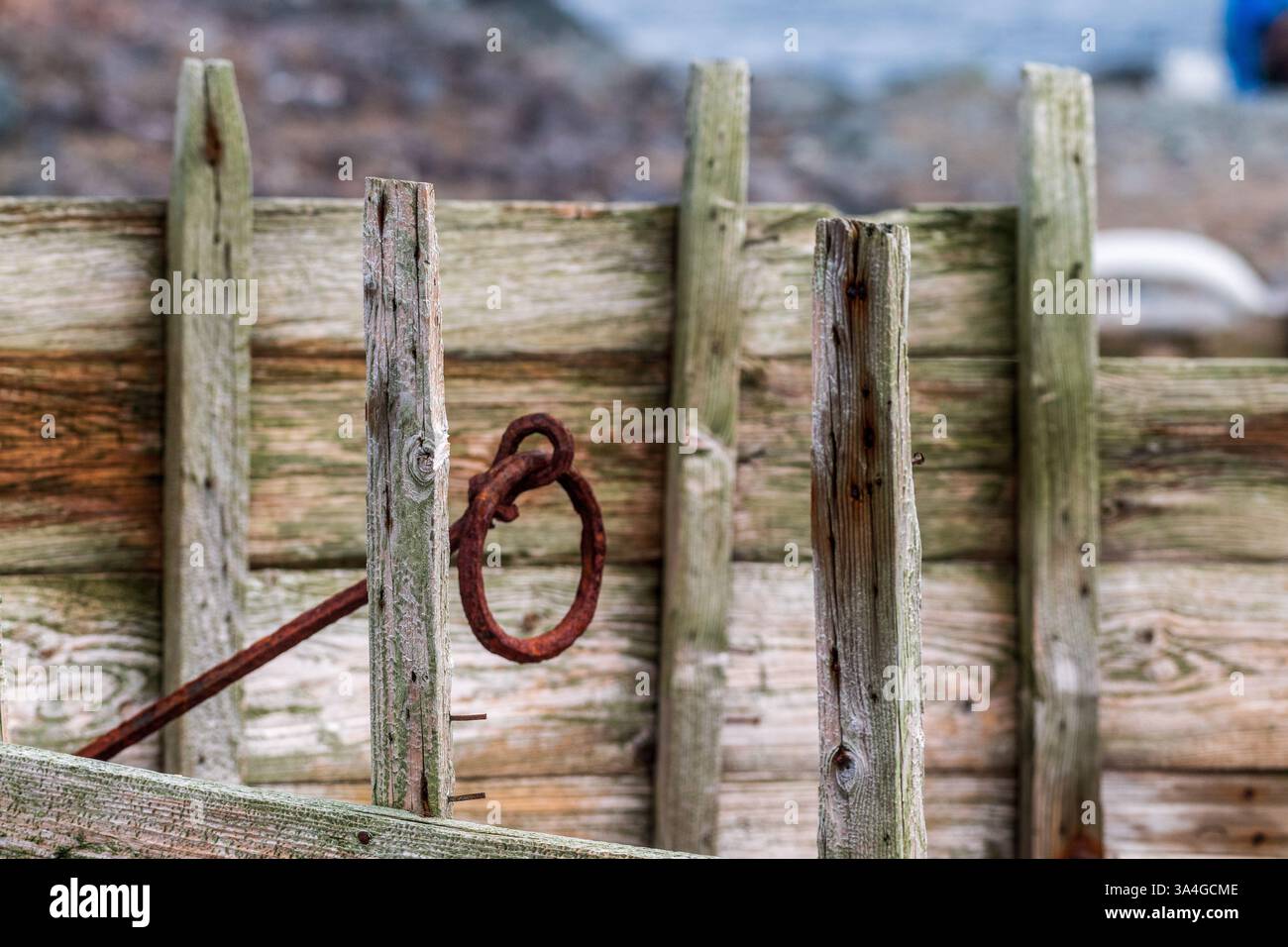 Detail eines alten, zerstörten Rettungsbootes am Hafen von Mikkelsen, ein Überbleibsel aus der Walfangzeit. Stockfoto