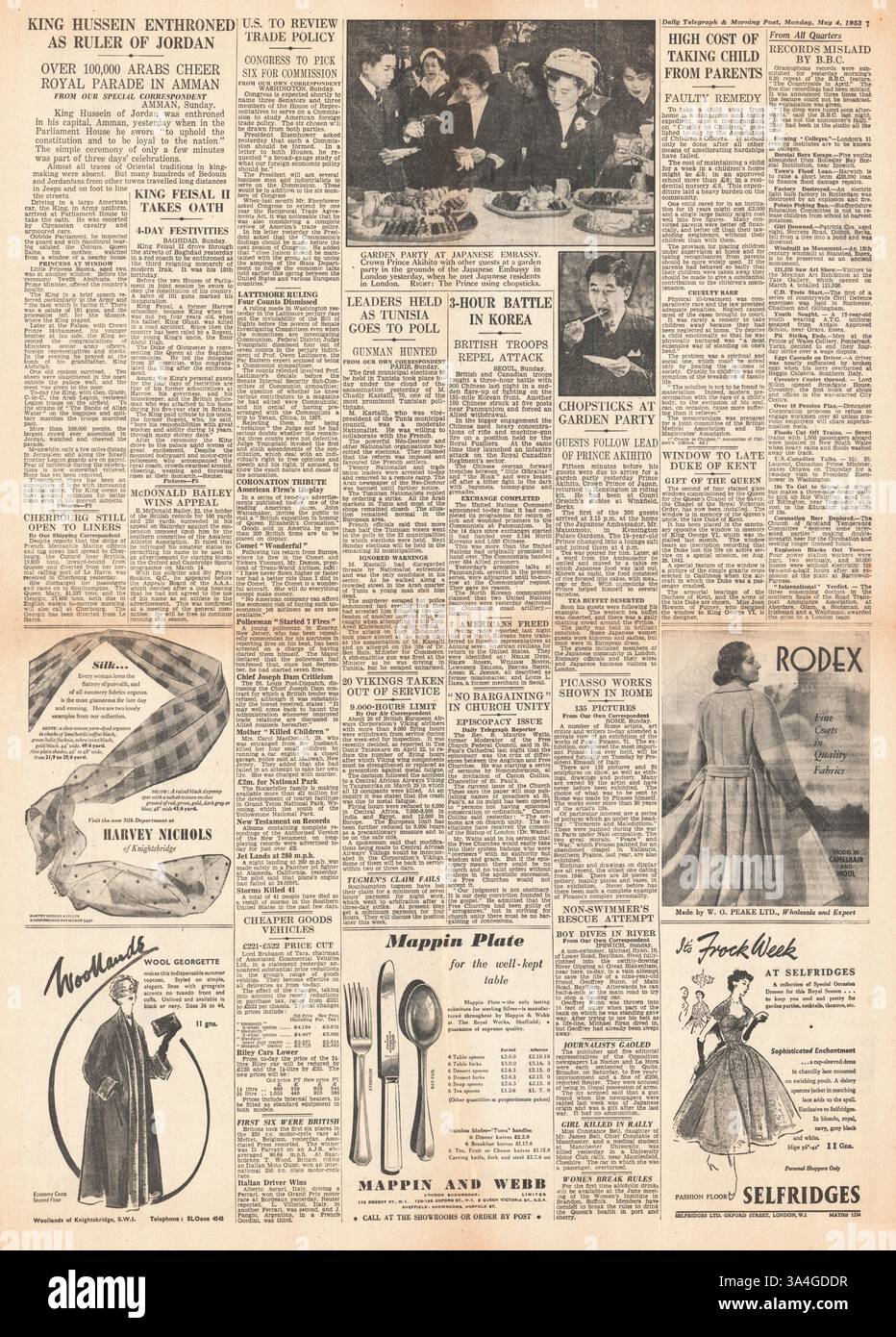 1953 Daily Telegraph berichtet, dass König Hussein in Jordanien thront Stockfoto