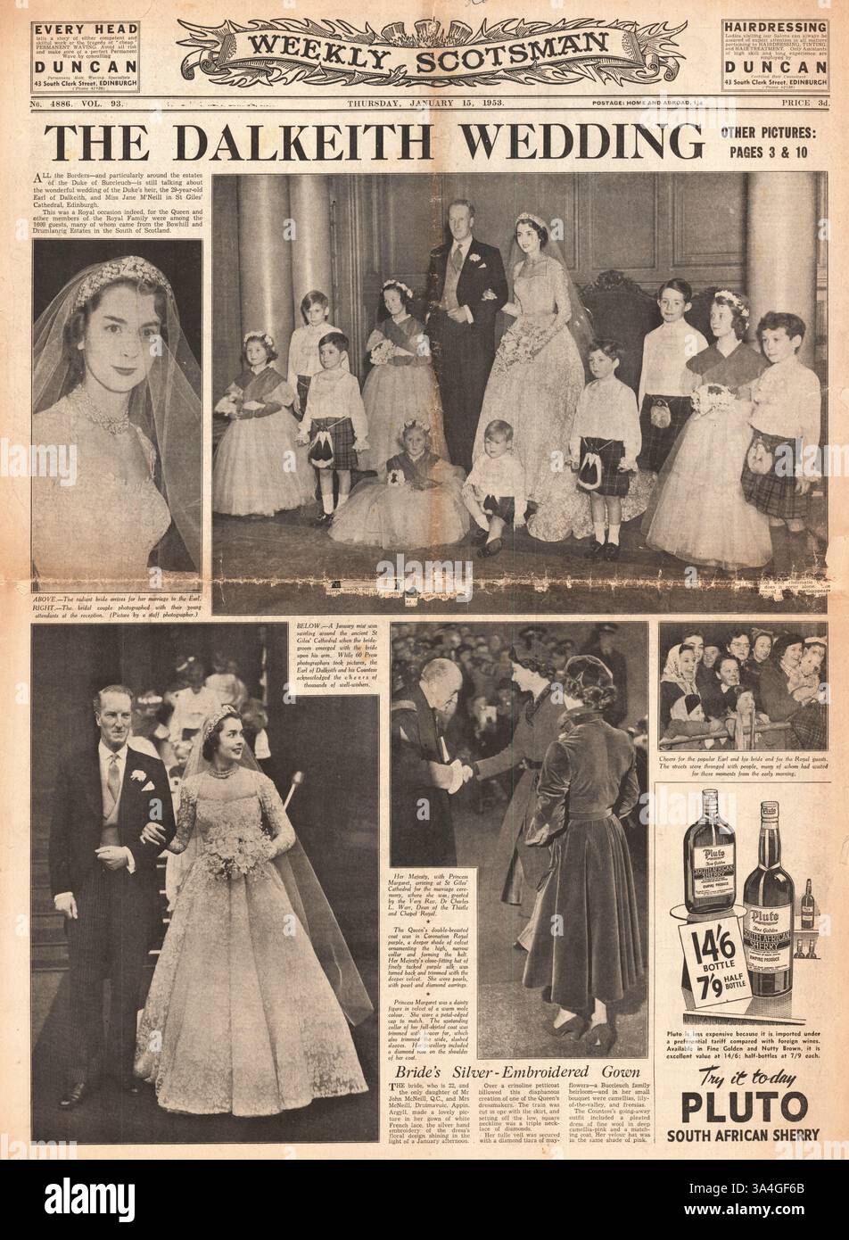 1953 Daily Herald berichtet über die Hochzeit von Earl of Dalkeith mit Jane McNeill Stockfoto