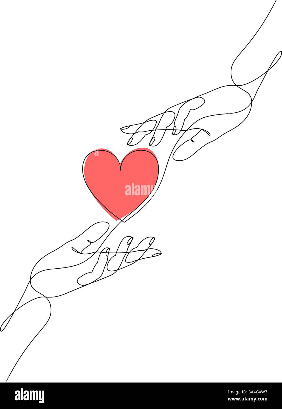Kontinuierliche Linienzeichnung einer Hand, die einer anderen Herz schenkt. Lineares Konzept der Spende für Wohltätigkeitsorganisationen. Illustration eines einzeiligen Entwurfs Stock Vektor