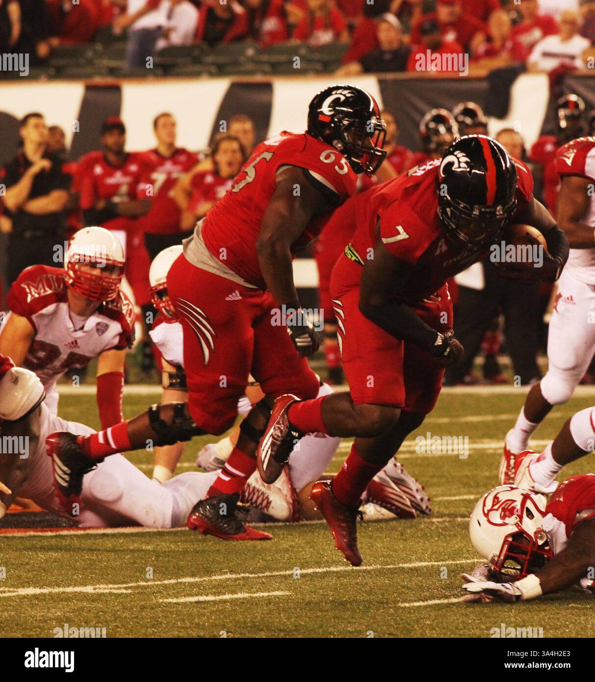 September 2014 - Cincinnati, Ohio, USA S - Cincinnati Bearcats Running Back tion Green (7) holt am Samstag, den 20. Juli 2014 im 4. Spielviertel Yards ab. Die Bearcats schlugen Miami (Oh) Redhawks mit 31 zu 24. (Bild: © Ernest Coleman/ZUMA Wire) Stockfoto