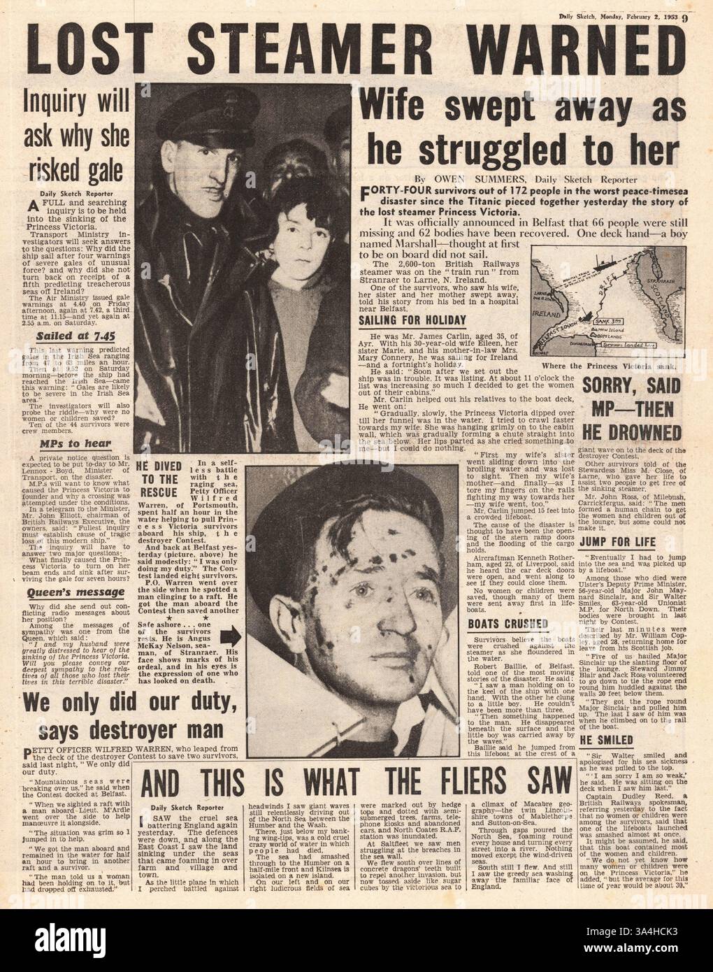 1953 Daily Sketch Seite 9 MV Princess Victoria Disaster Stockfoto